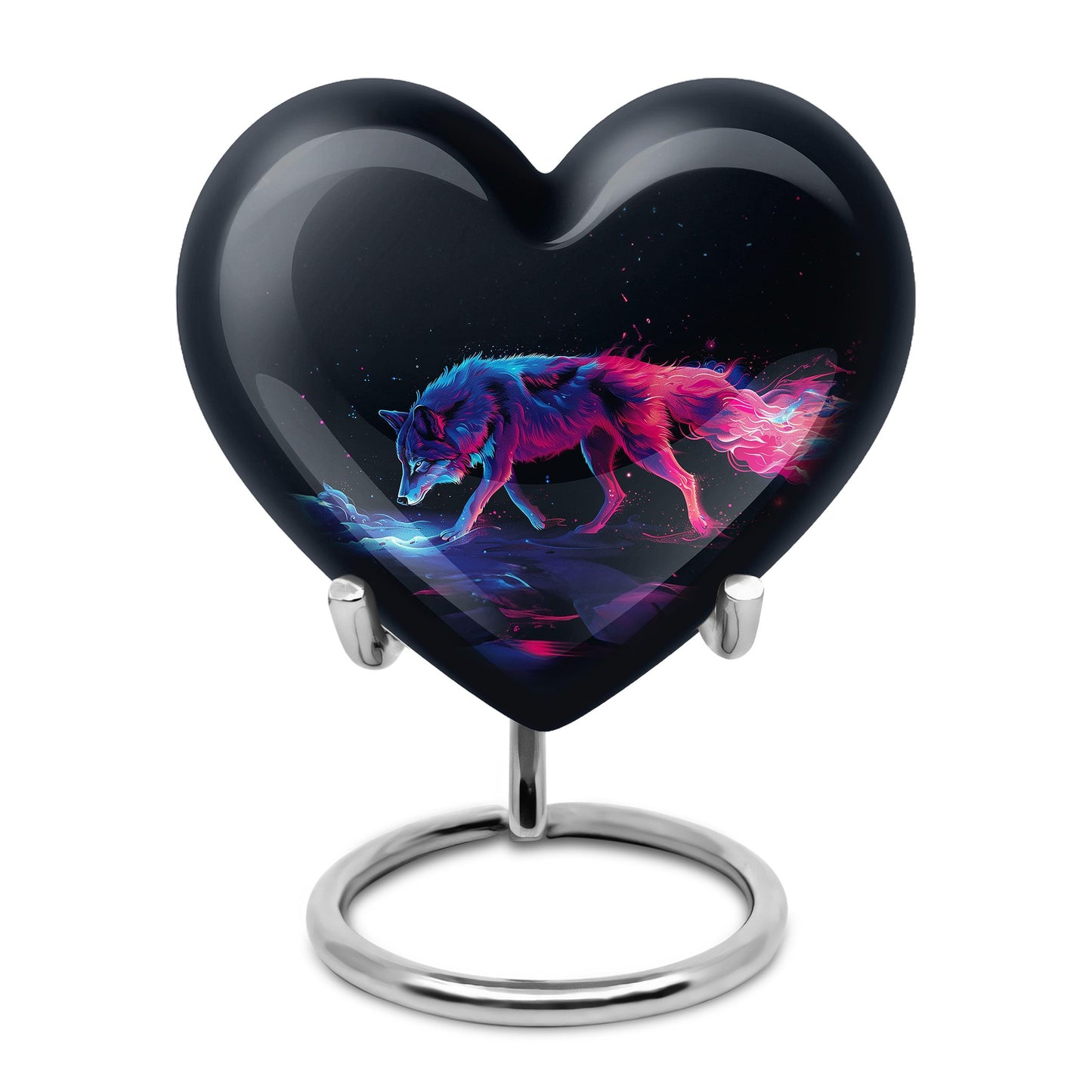 Wolf Urn for Human Ashes, Neon Pink Blue Prowling on Rocks, Cremation Urn