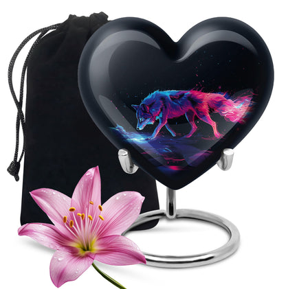Wolf Urn for Human Ashes, Neon Pink Blue Prowling on Rocks, Cremation Urn