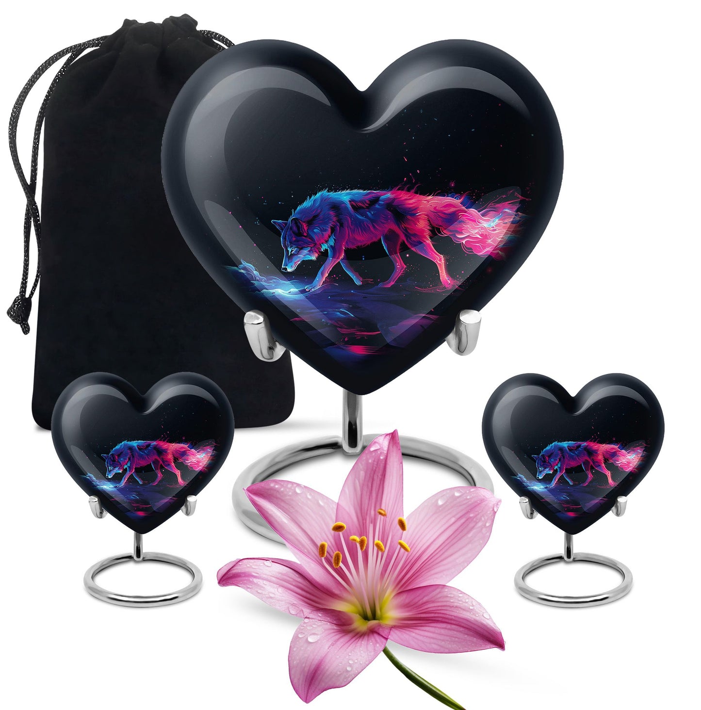 Wolf Urn for Human Ashes, Neon Pink Blue Prowling on Rocks, Cremation Urn