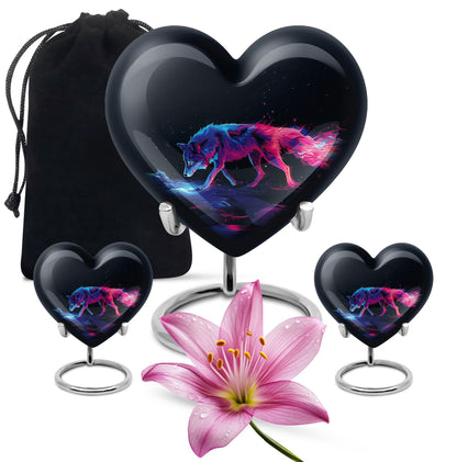 Wolf Urn for Human Ashes, Neon Pink Blue Prowling on Rocks, Cremation Urn