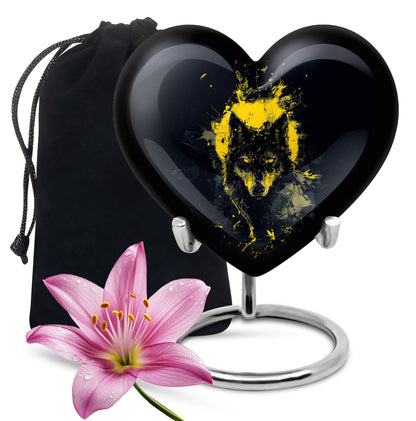 Black Personalized Wolf Cremation Urn for Human Ashes - 10-inch, 200 cu in - Yatskia