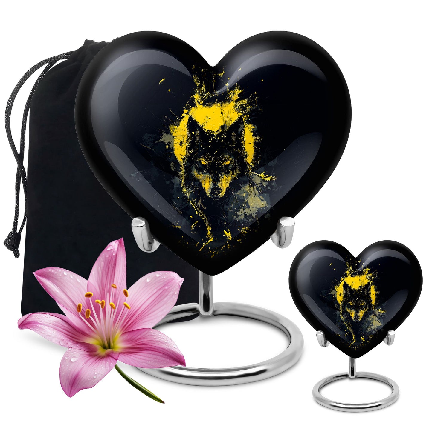 Black Personalized Wolf Cremation Urn for Human Ashes - 10-inch, 200 cu in - Yatskia