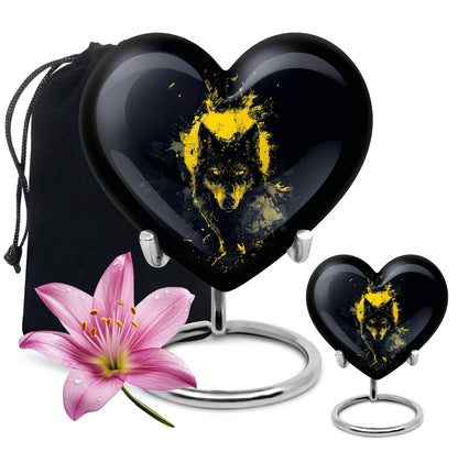 Black Personalized Wolf Cremation Urn for Human Ashes - 10-inch, 200 cu in - Yatskia