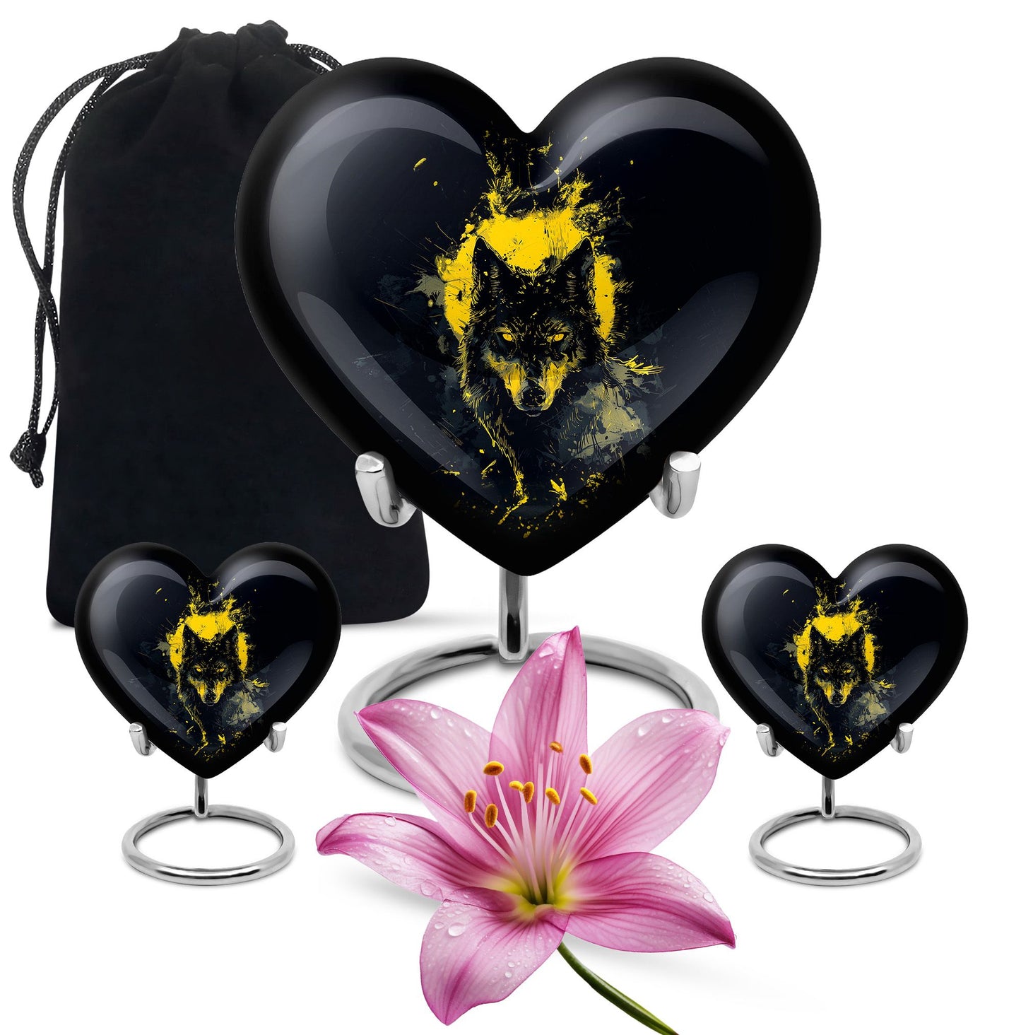 Black Personalized Wolf Cremation Urn for Human Ashes - 10-inch, 200 cu in - Yatskia
