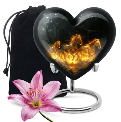 Horse Urn for Human Ashes, Glowing Fiery Horses Running Through Water, Cremation Urn