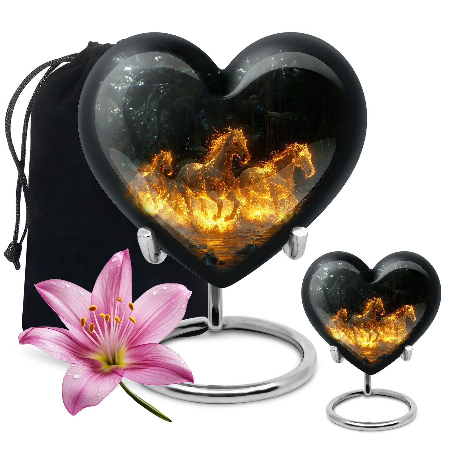 Horse Urn for Human Ashes, Glowing Fiery Horses Running Through Water, Cremation Urn