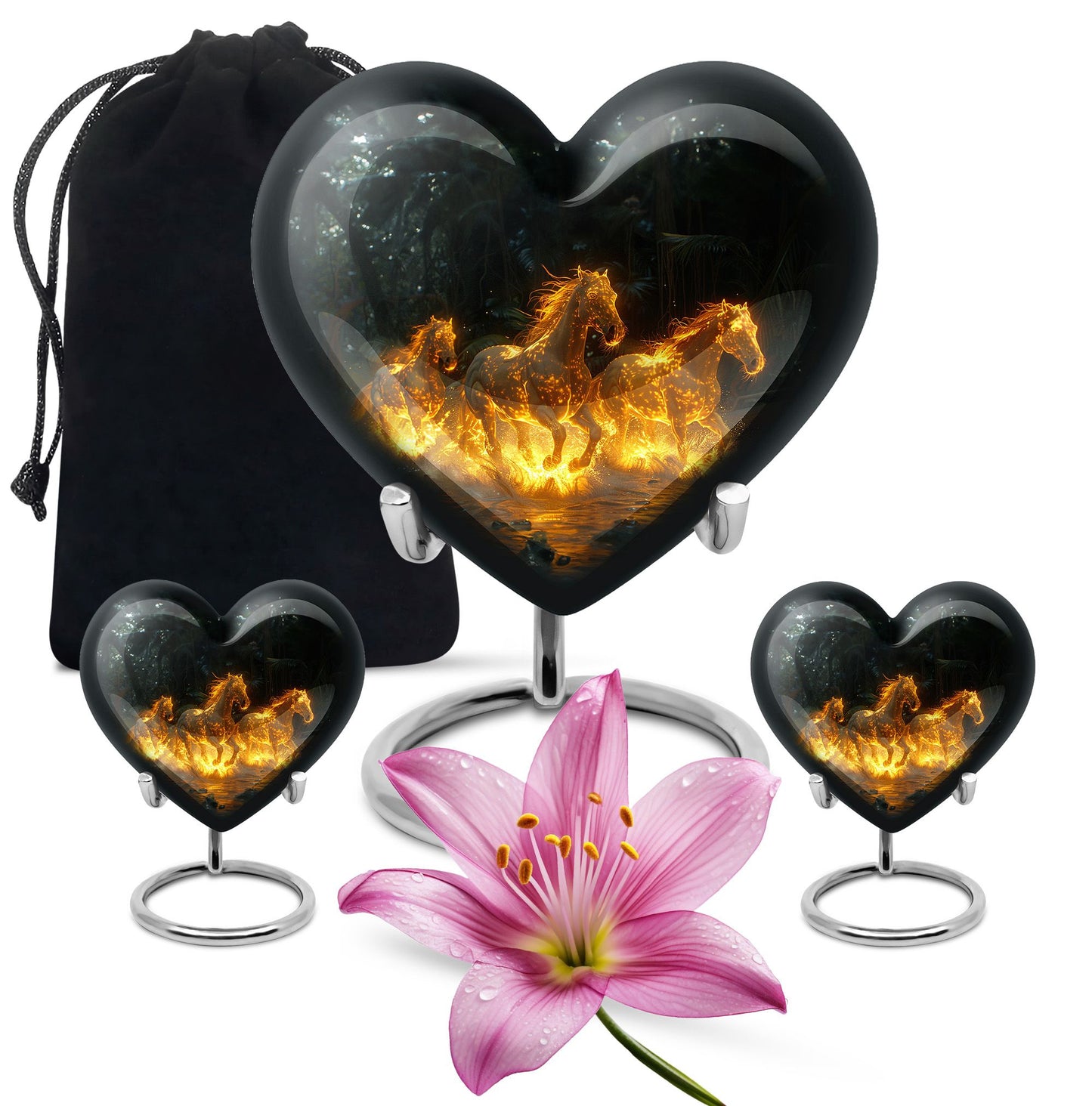 Horse Urn for Human Ashes, Glowing Fiery Horses Running Through Water, Cremation Urn