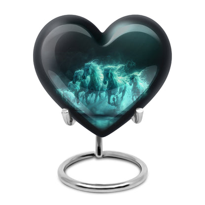 Horse Urn for Human Ashes, Herd of Teal Horses Running Through Mist, Memorial Urn