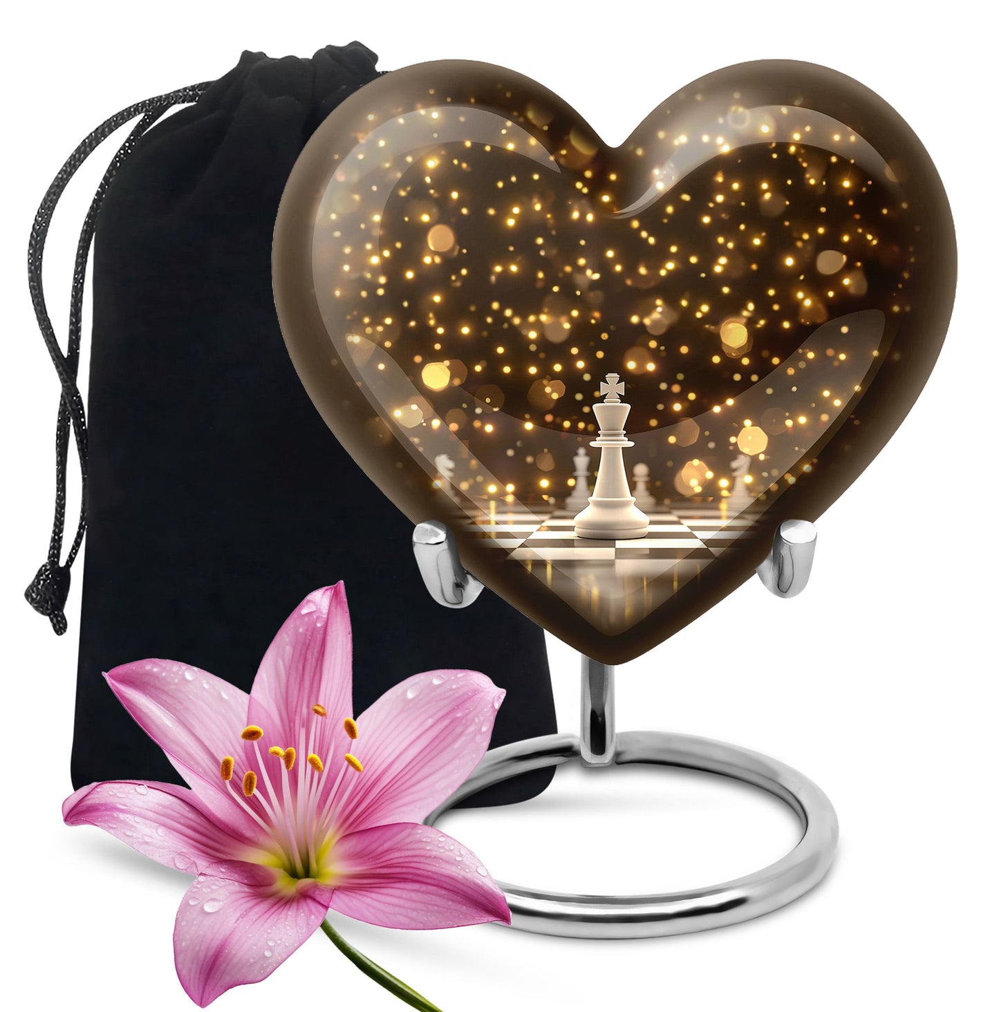 chess-themed heart urn for men's ashes