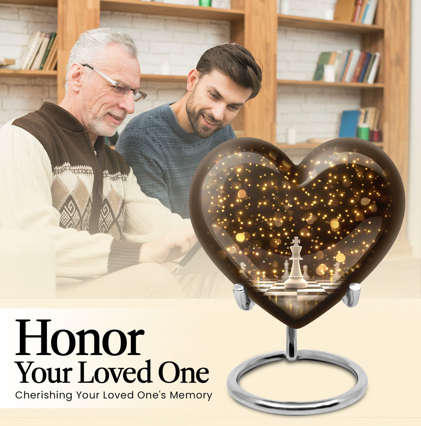 chess-themed heart urn for men's ashes