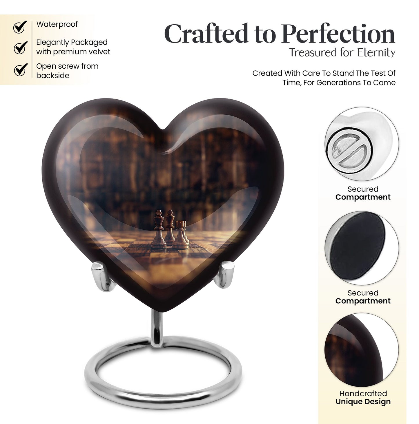 Chess-themed Heart Urn made of Aluminium