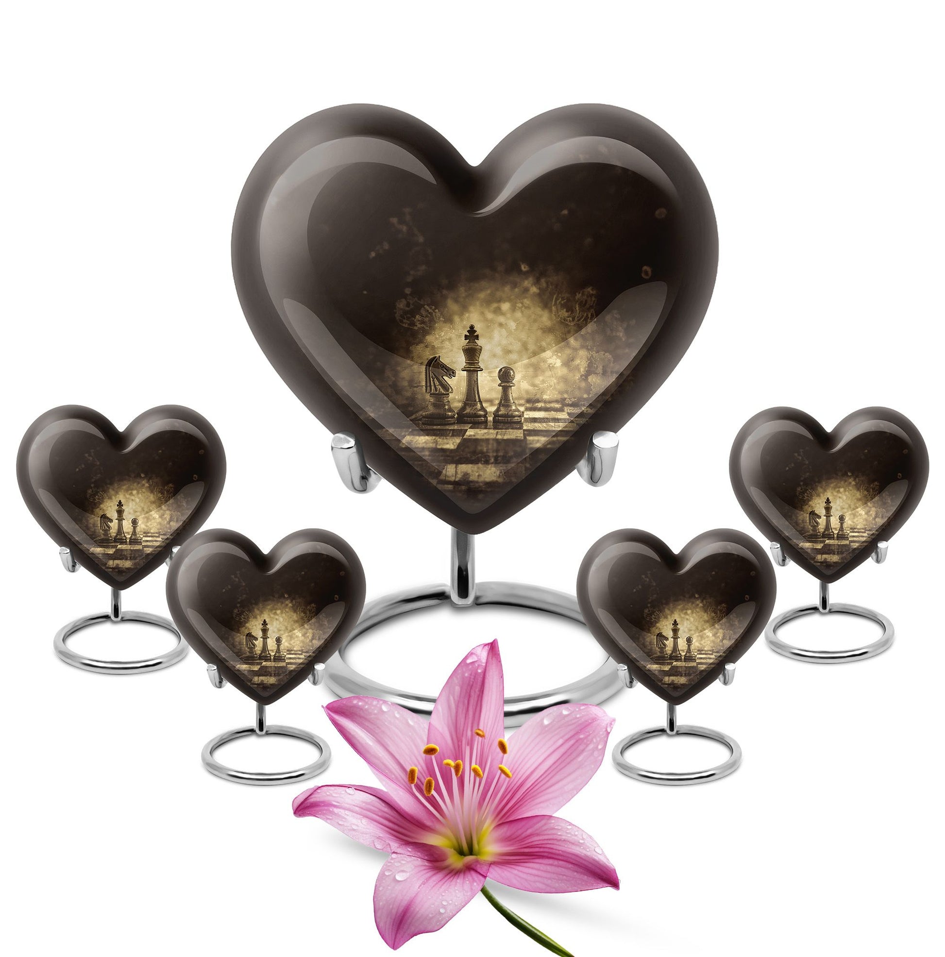 Heart-shaped chess-themed cremation urn