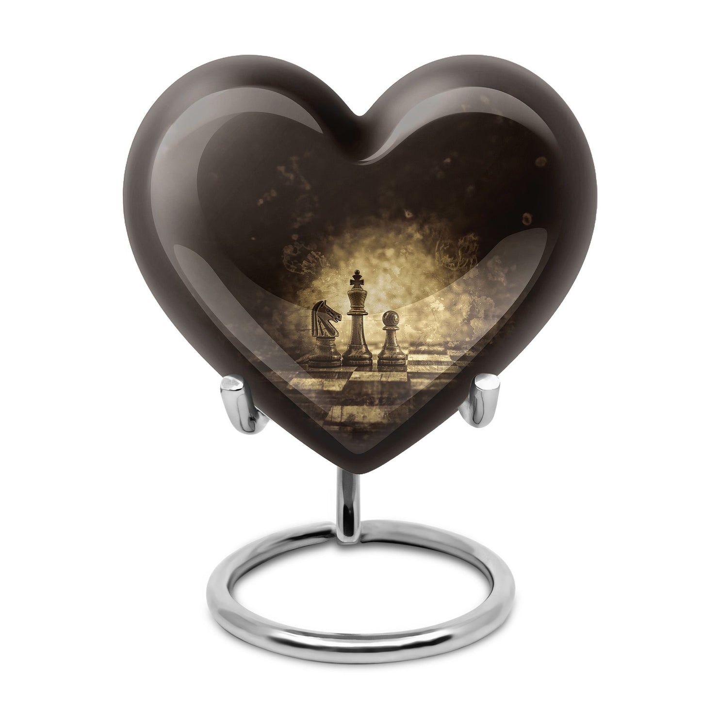 Heart-shaped chess-themed cremation urn