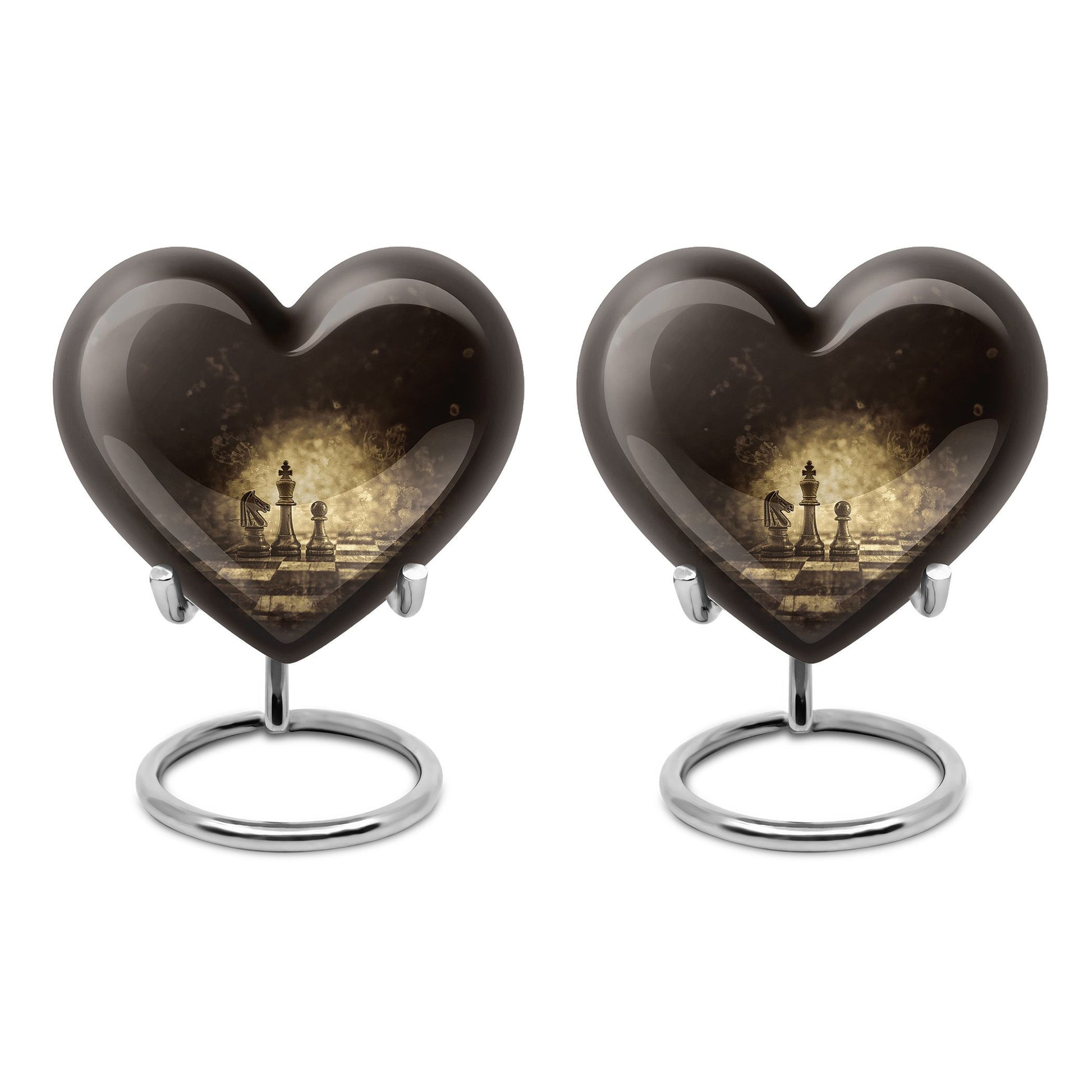 Heart-shaped chess-themed cremation urn