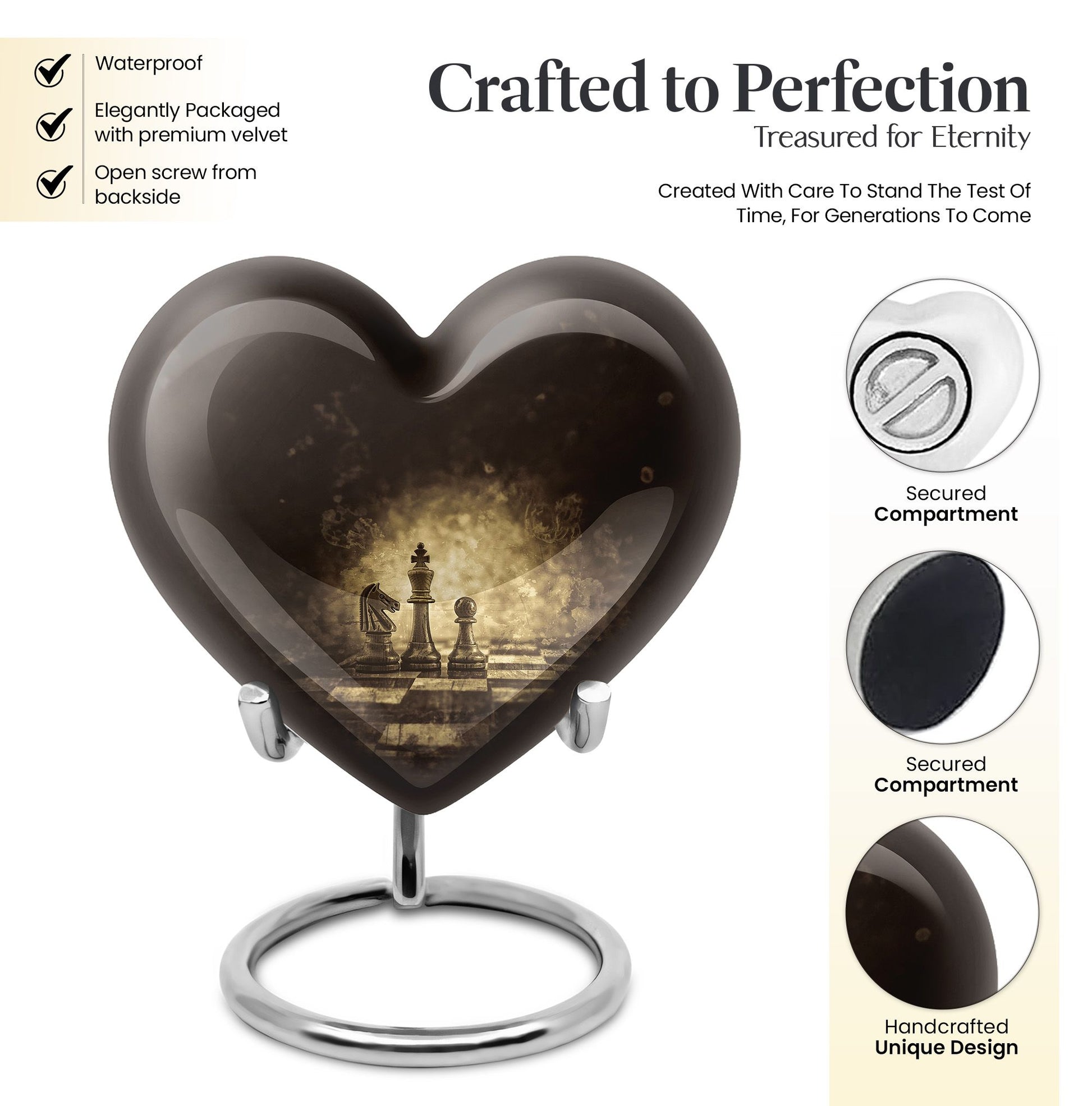 Heart-shaped chess-themed cremation urn