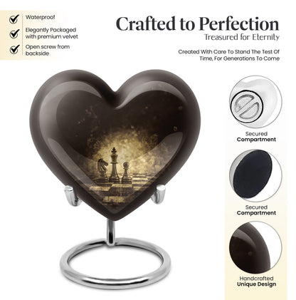 Heart-shaped chess-themed cremation urn