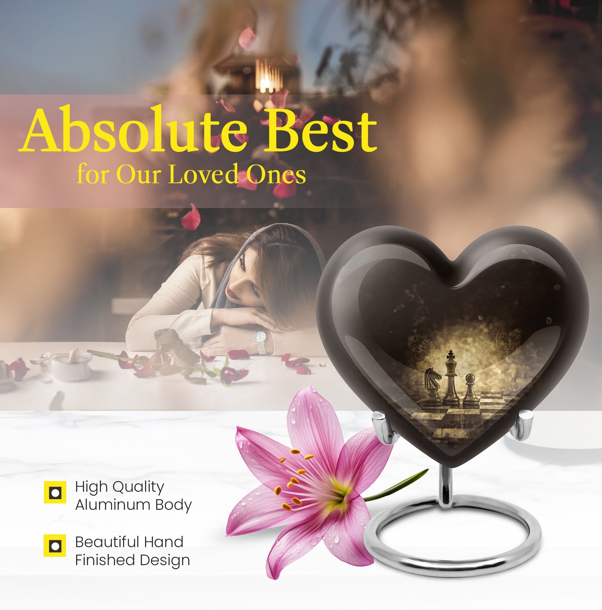 Heart-shaped chess-themed cremation urn