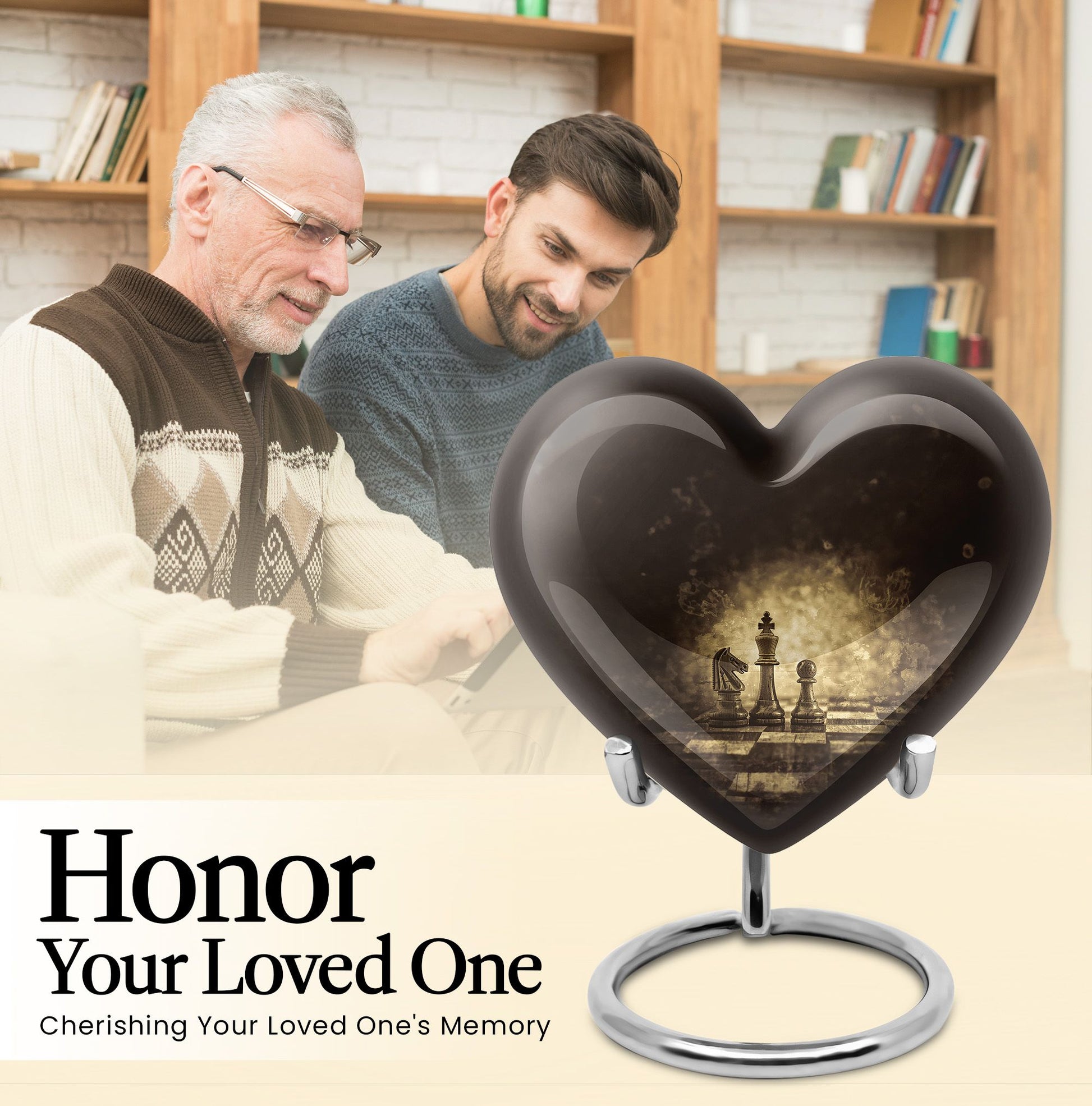 Heart-shaped chess-themed cremation urn