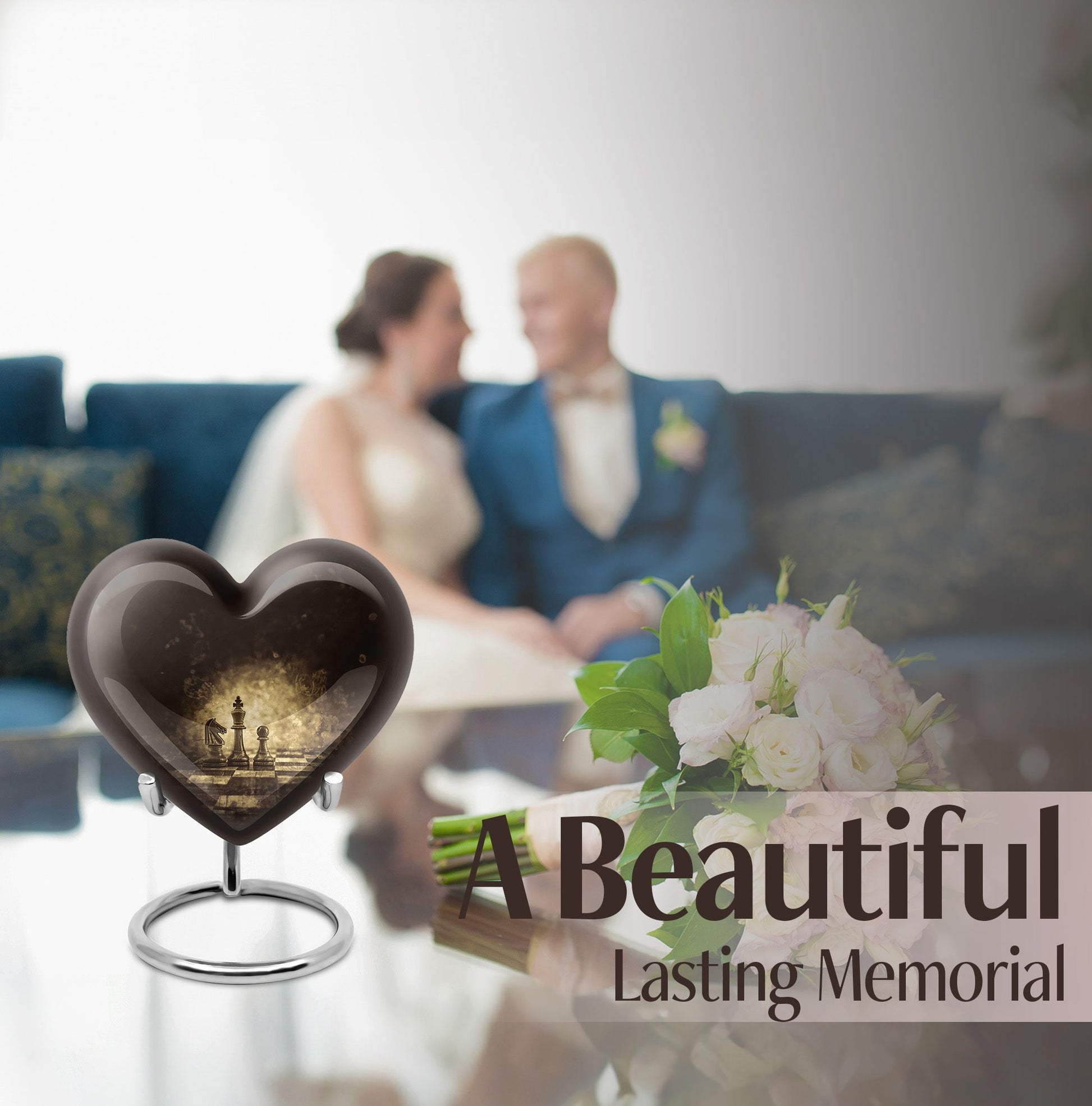 Heart-shaped chess-themed cremation urn