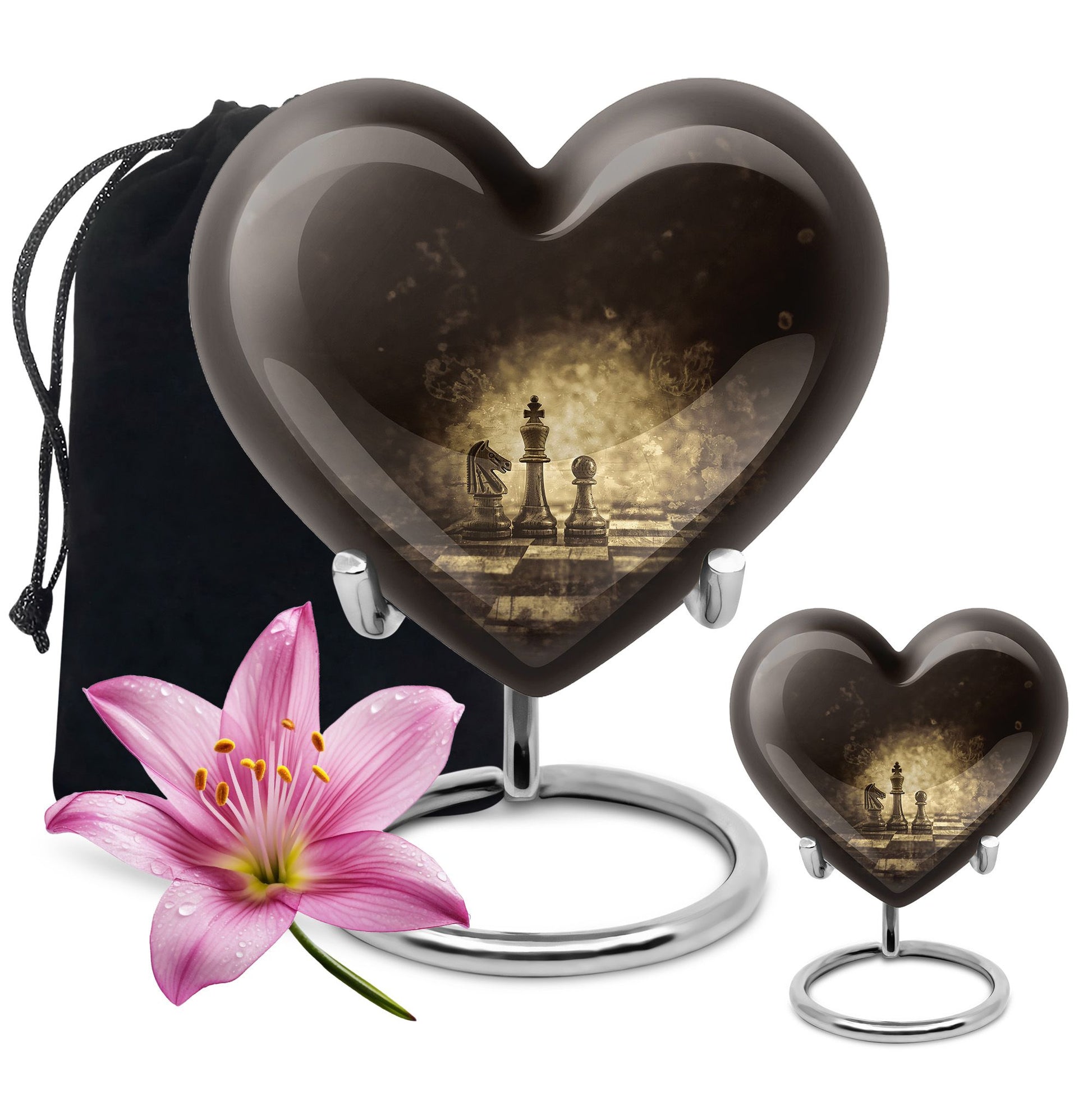 Heart-shaped chess-themed cremation urn