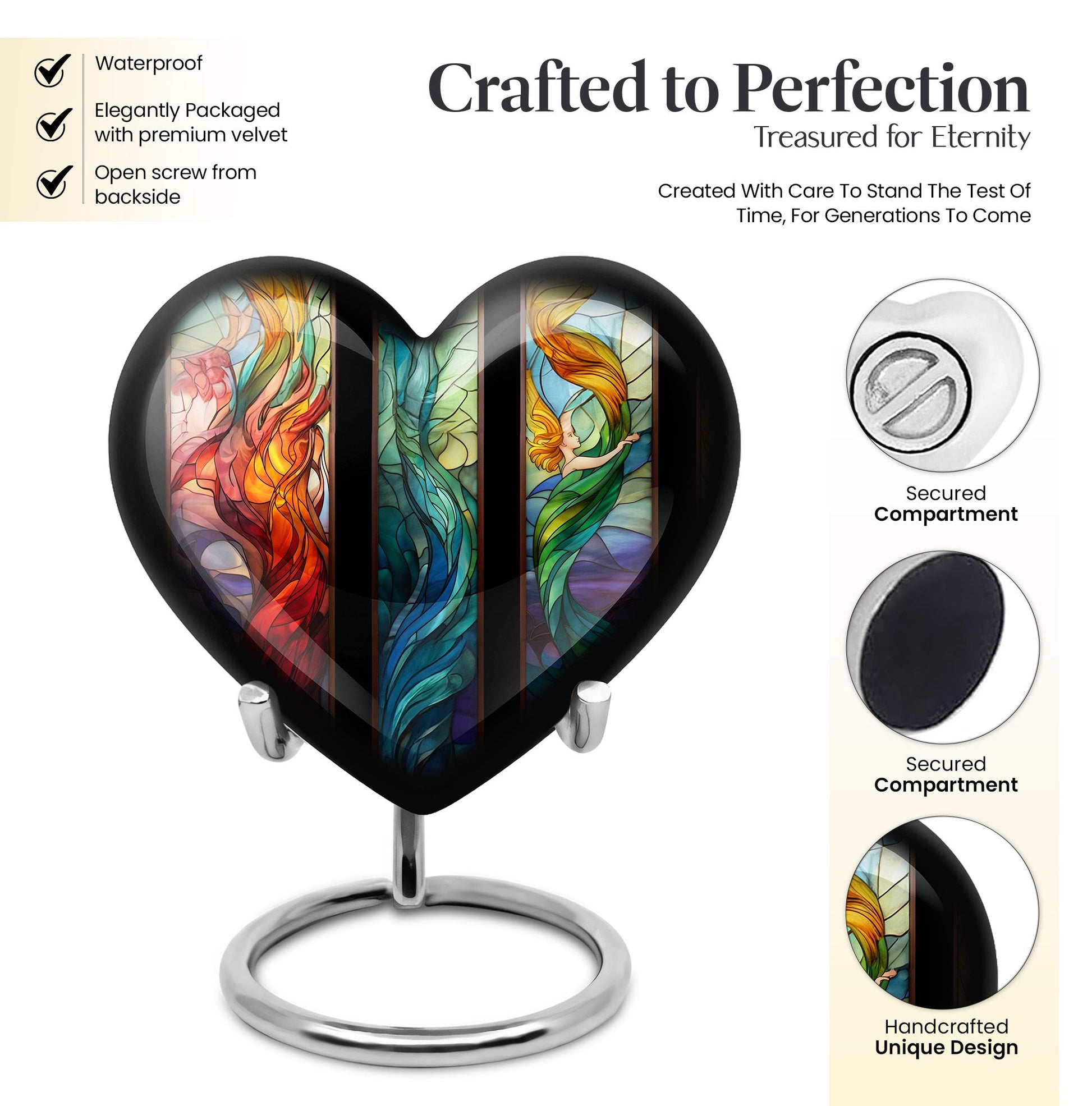 stained glass heart-shaped urn for men's cremation ashes.