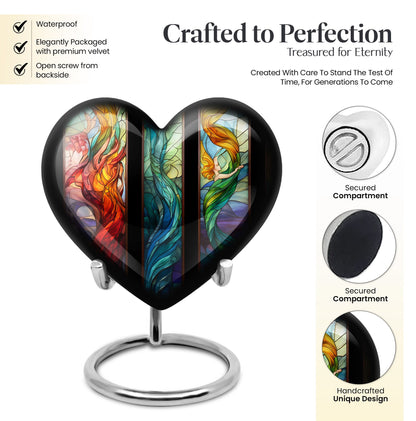 stained glass heart-shaped urn for men's cremation ashes.