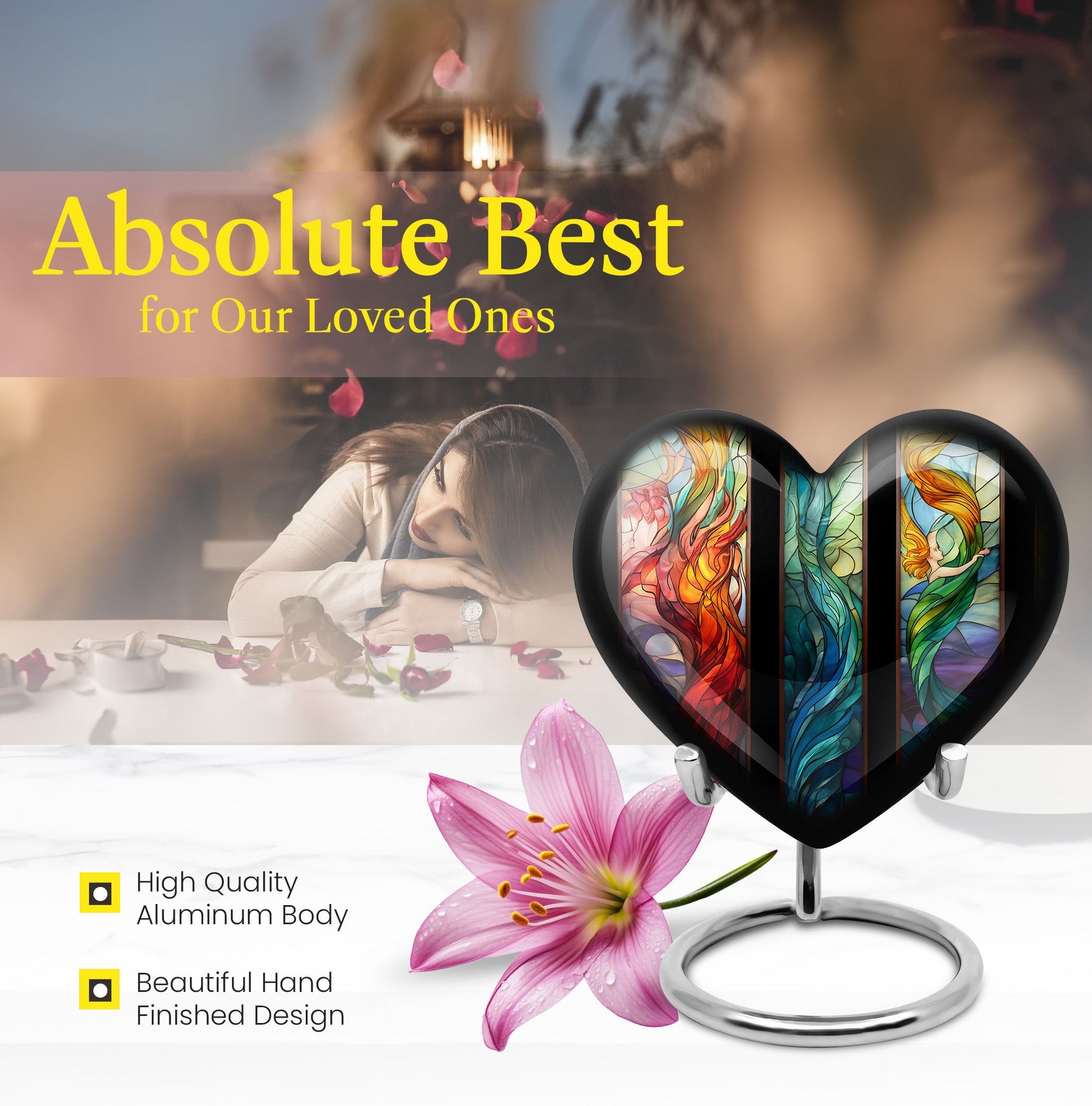 stained glass heart-shaped urn for men's cremation ashes.