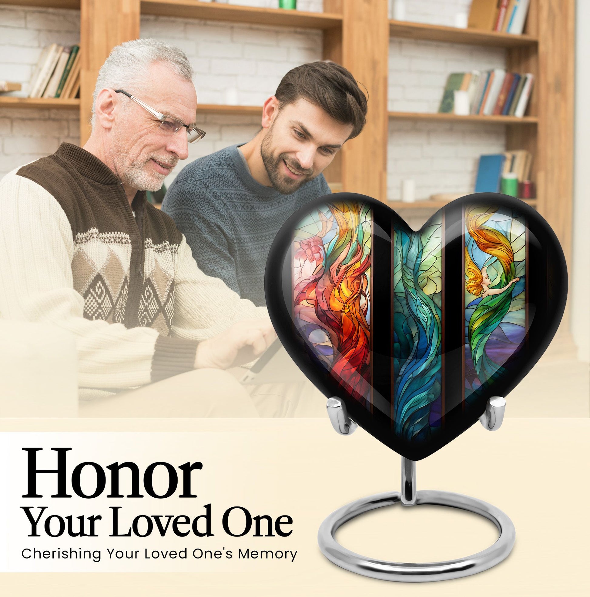 stained glass heart-shaped urn for men's cremation ashes.