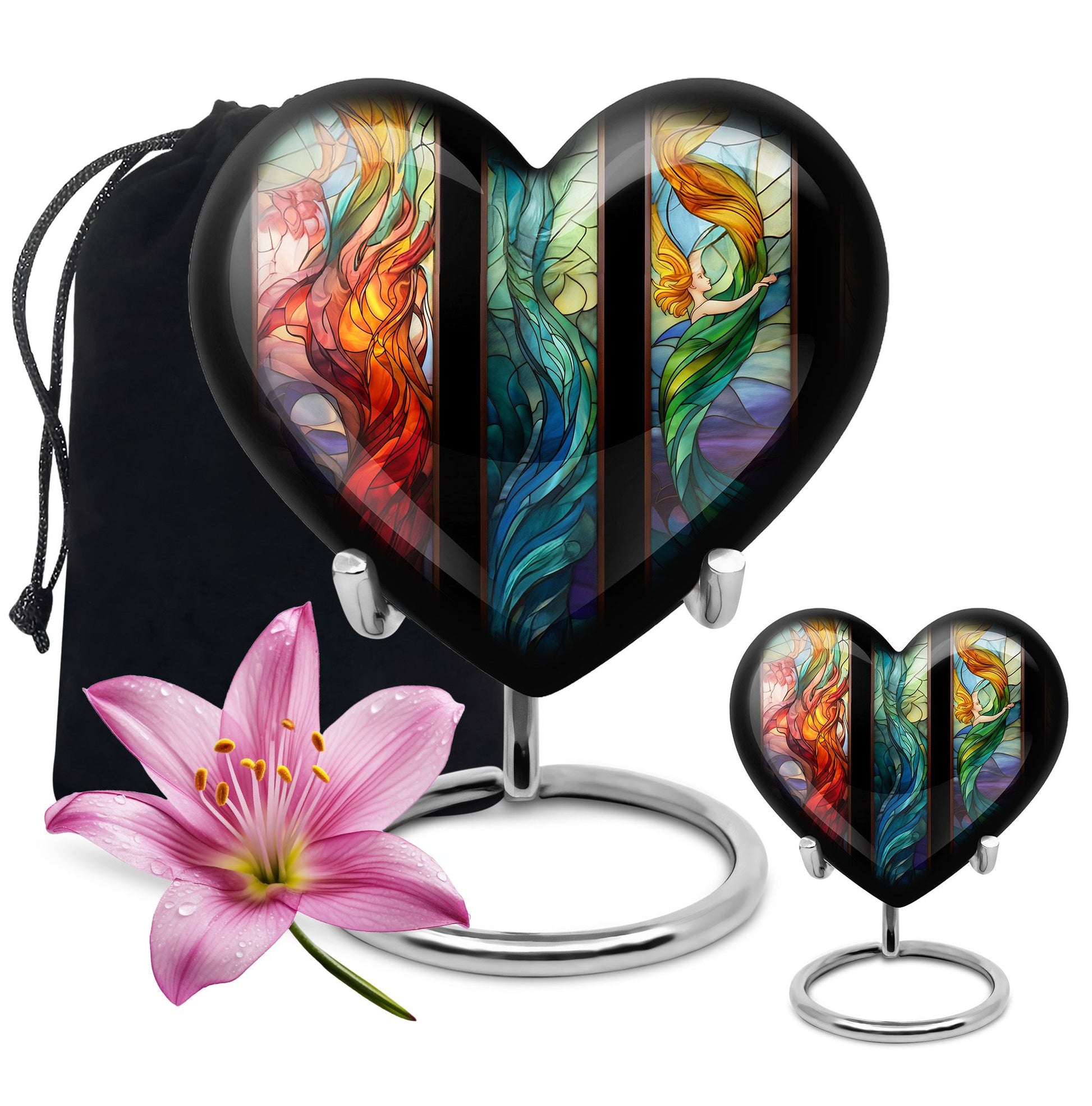 stained glass heart-shaped urn for men's cremation ashes.