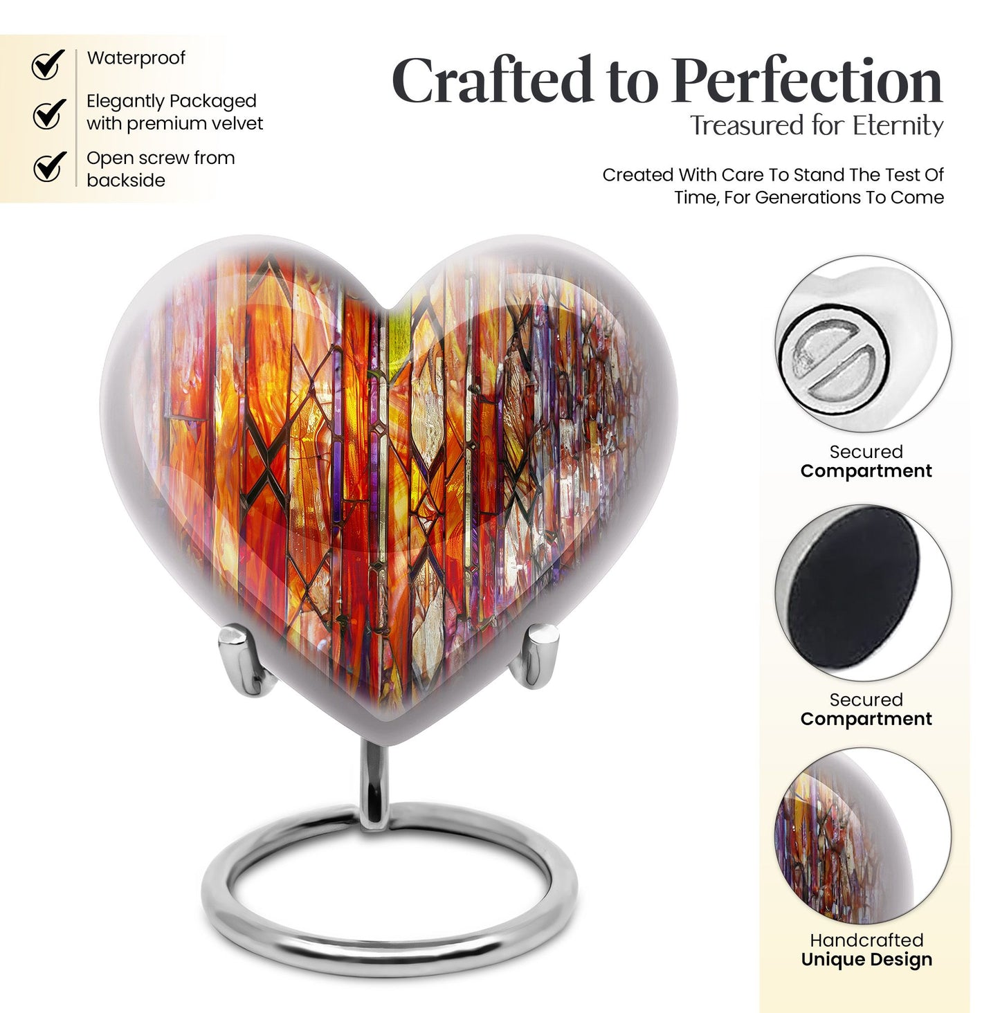 heart-shaped stained glass urn for adult male ashes.