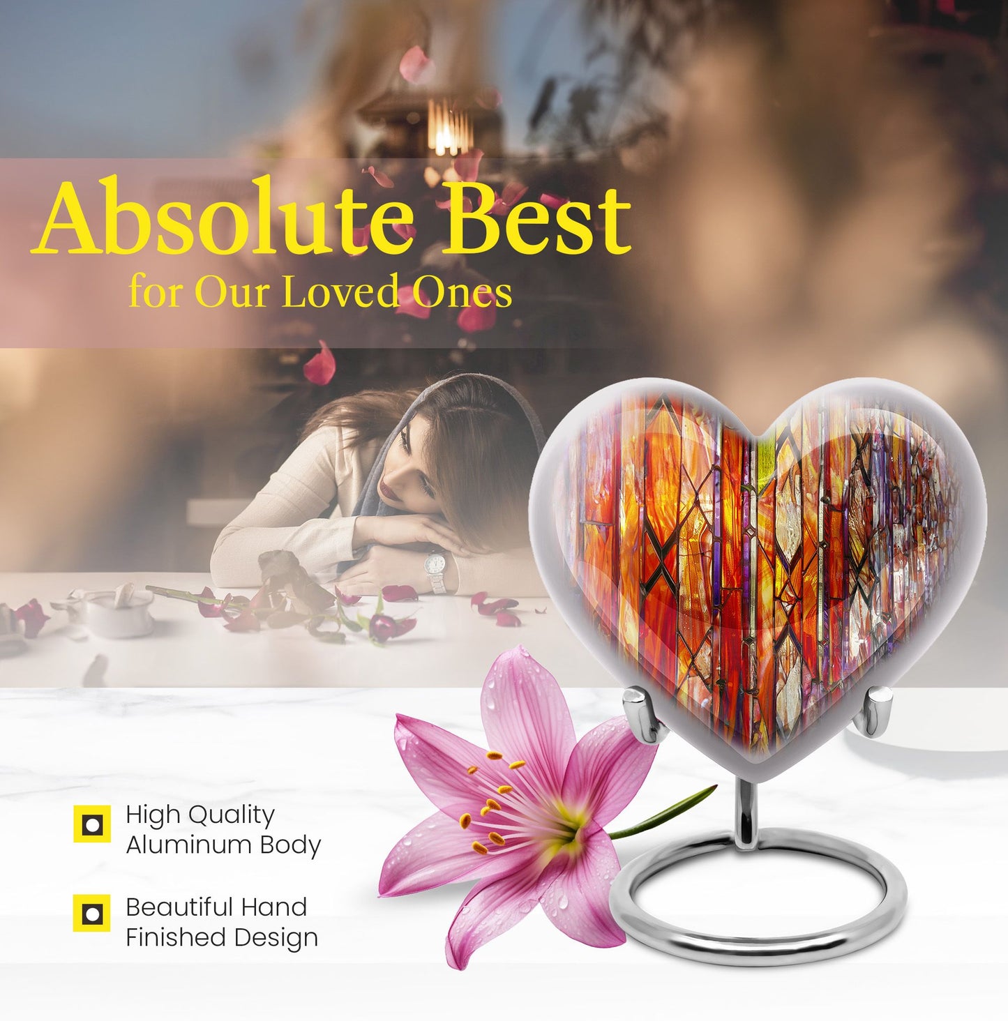 heart-shaped stained glass urn for adult male ashes.