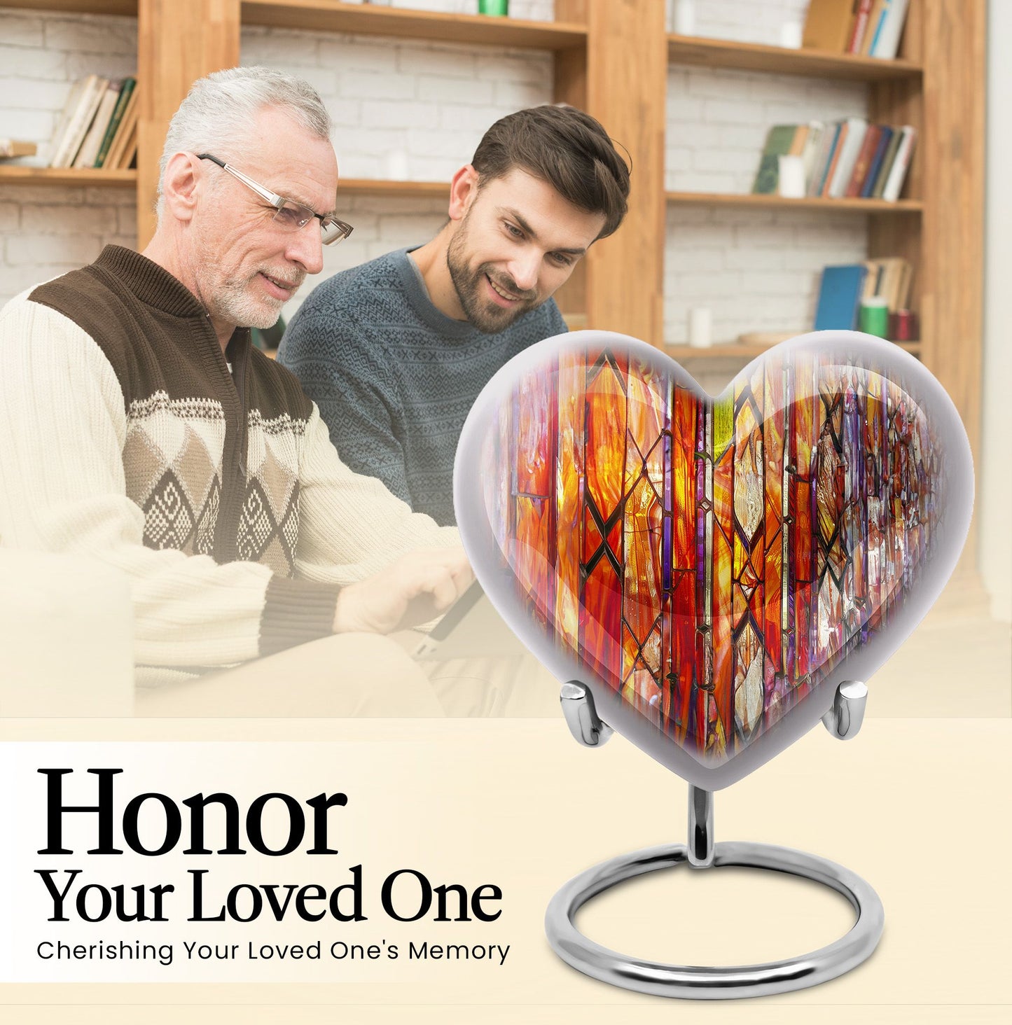 heart-shaped stained glass urn for adult male ashes.