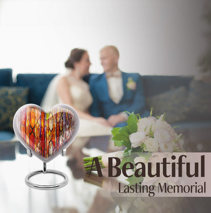 heart-shaped stained glass urn for adult male ashes.