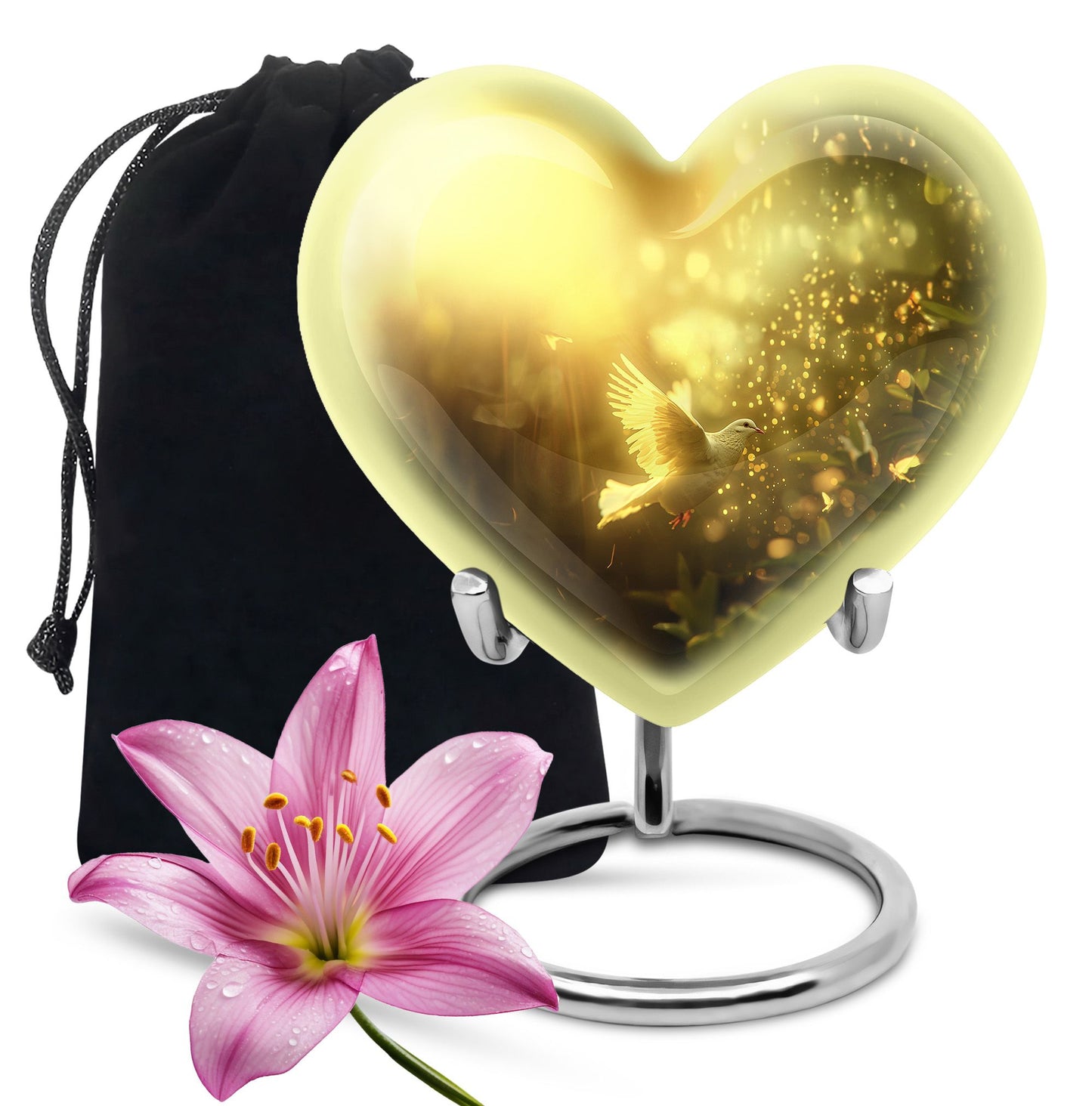 Bird Urn for Human Ashes, White Dove Through Golden Sparkling Light, Memorial Urn