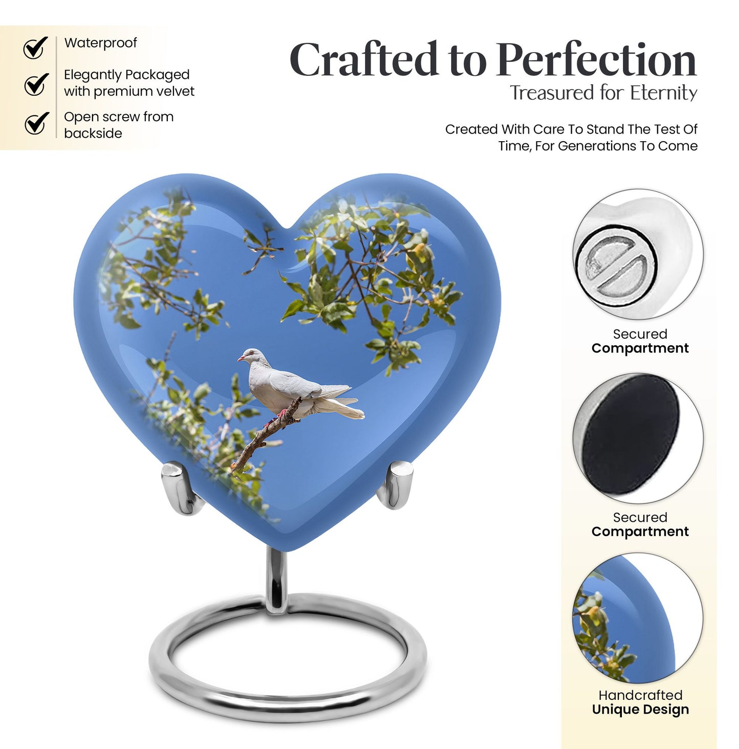 Dove-themed heart urn for adult female ashes