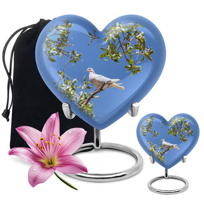 Dove-themed heart urn for adult female ashes