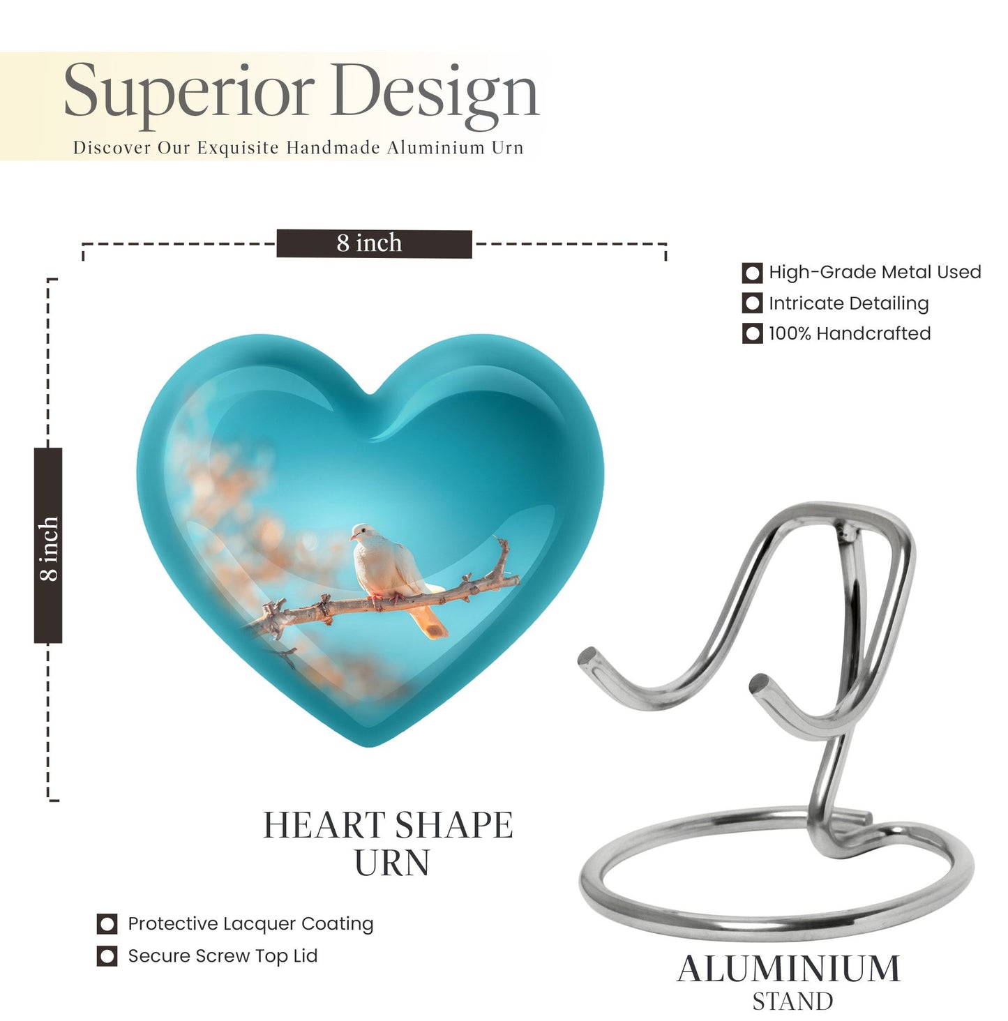 Dove-themed Heart Urn for human ashes