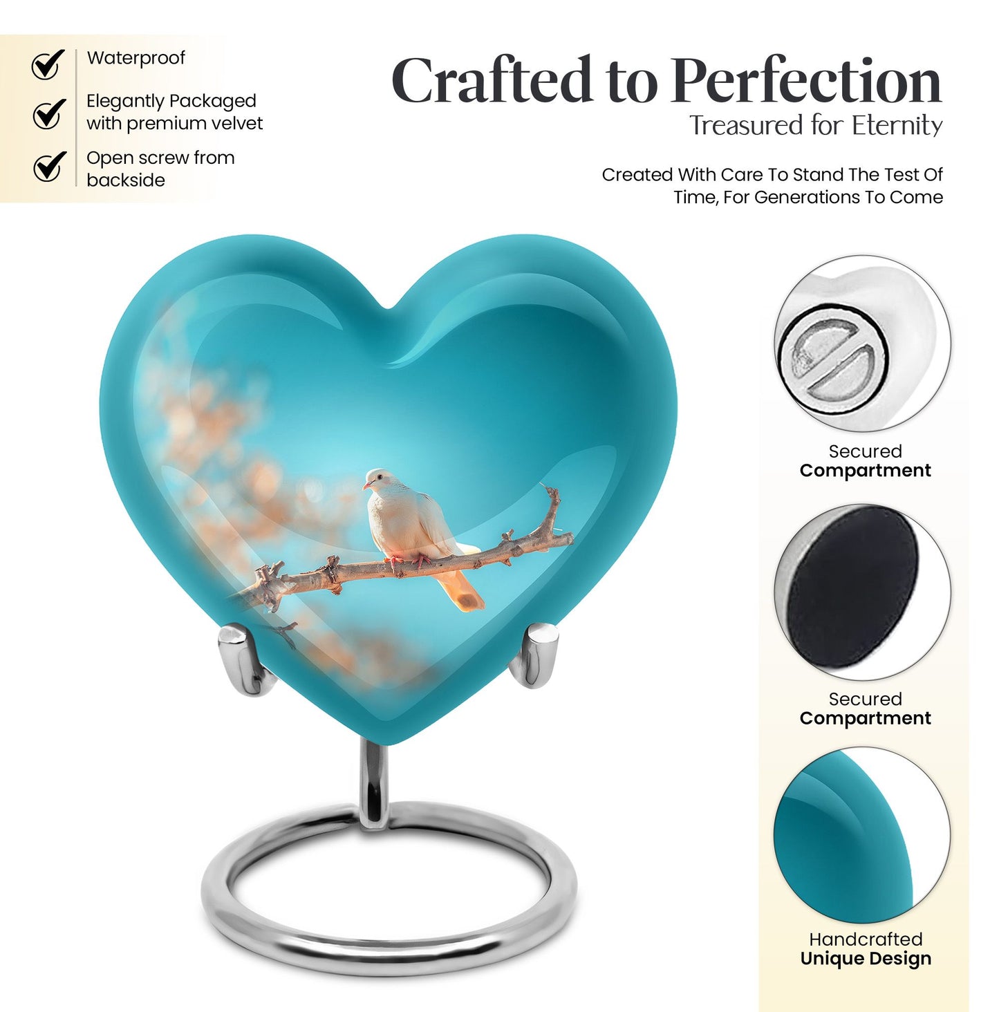Dove-themed Heart Urn for human ashes