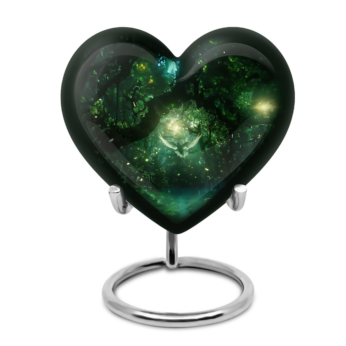 Bird Urn for Human Ashes, White Dove Through Glowing Forest, Green Memorial Urn