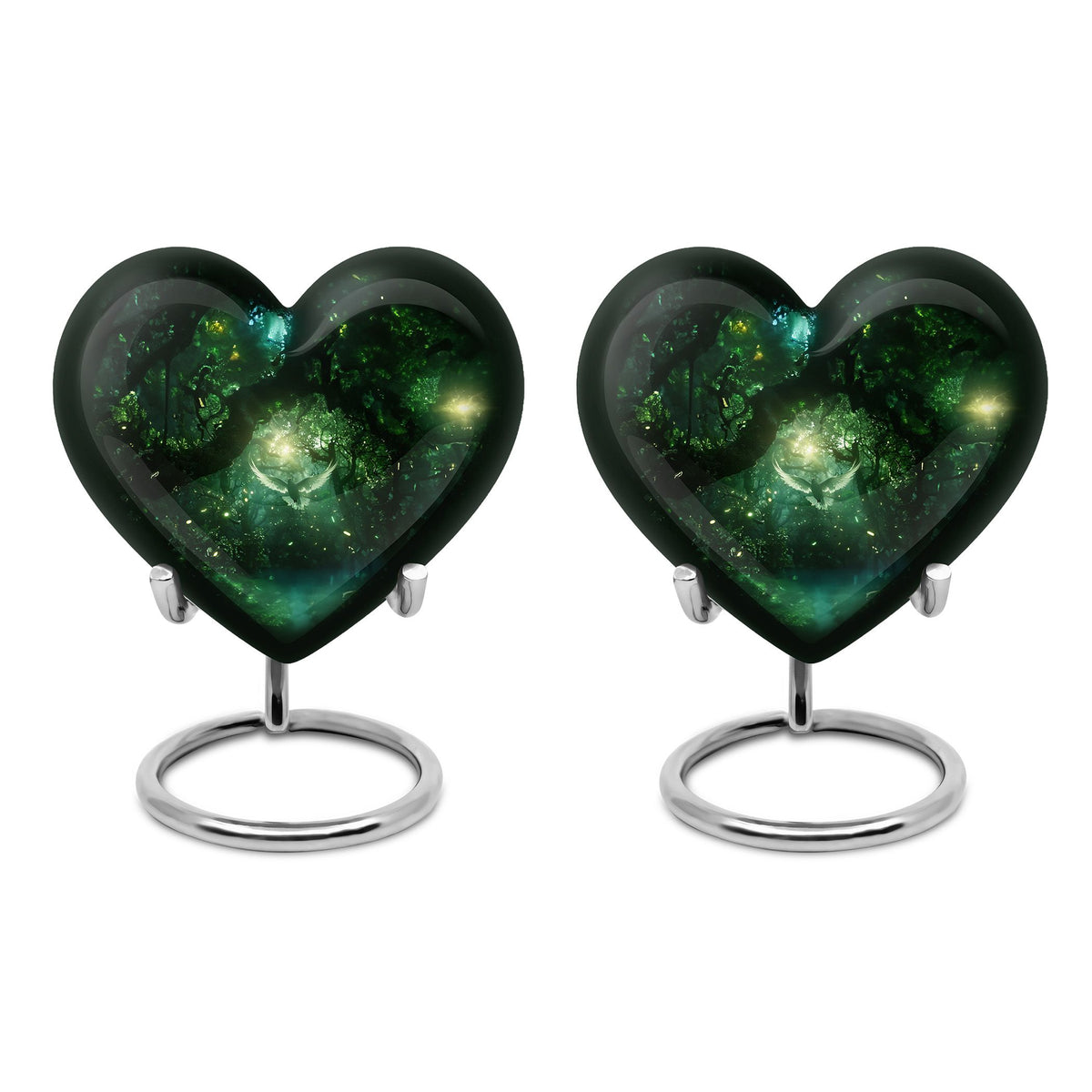 Bird Urn for Human Ashes, White Dove Through Glowing Forest, Green Memorial Urn