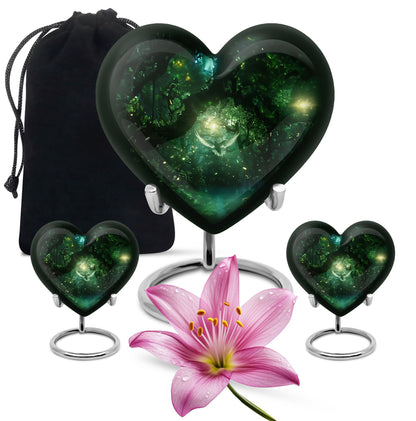 Bird Urn for Human Ashes, White Dove Through Glowing Forest, Green Memorial Urn