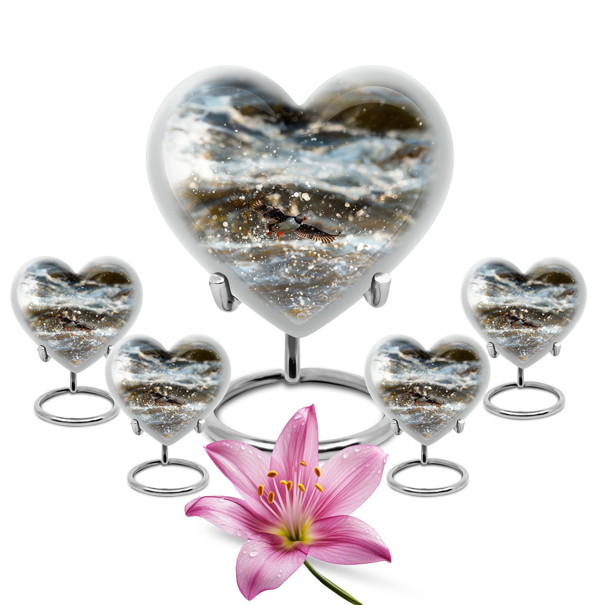 Puffin Bird-themed large heart urn for cremation ashes