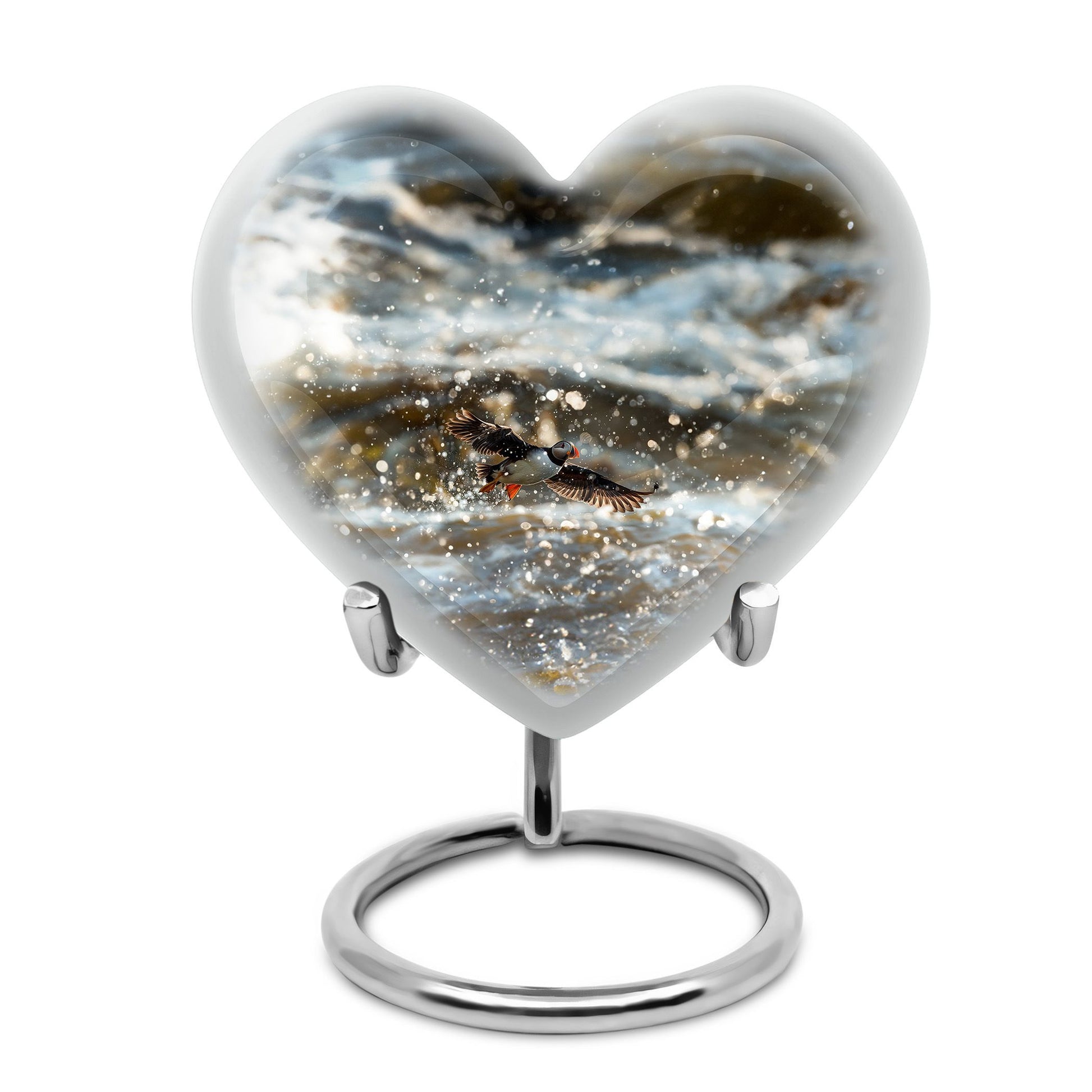 Puffin Bird-themed large heart urn for cremation ashes