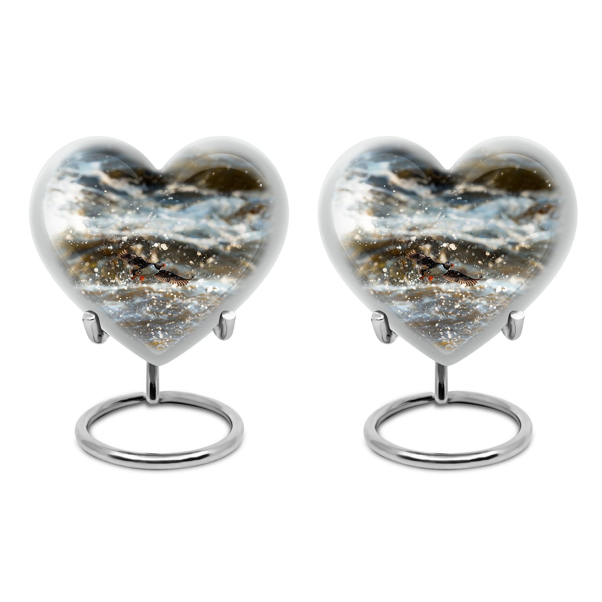 Puffin Bird-themed large heart urn for cremation ashes