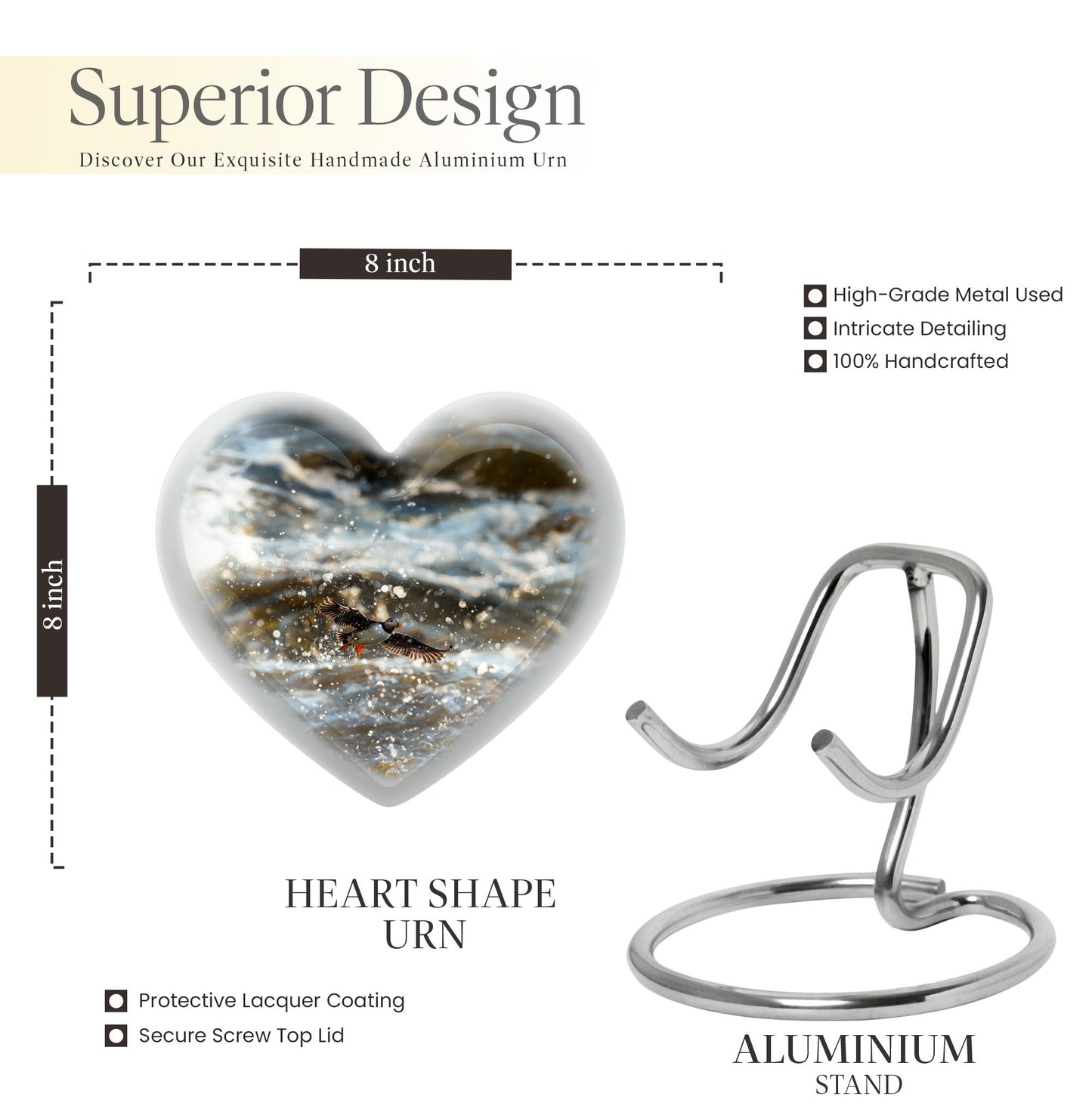 Puffin Bird-themed large heart urn for cremation ashes
