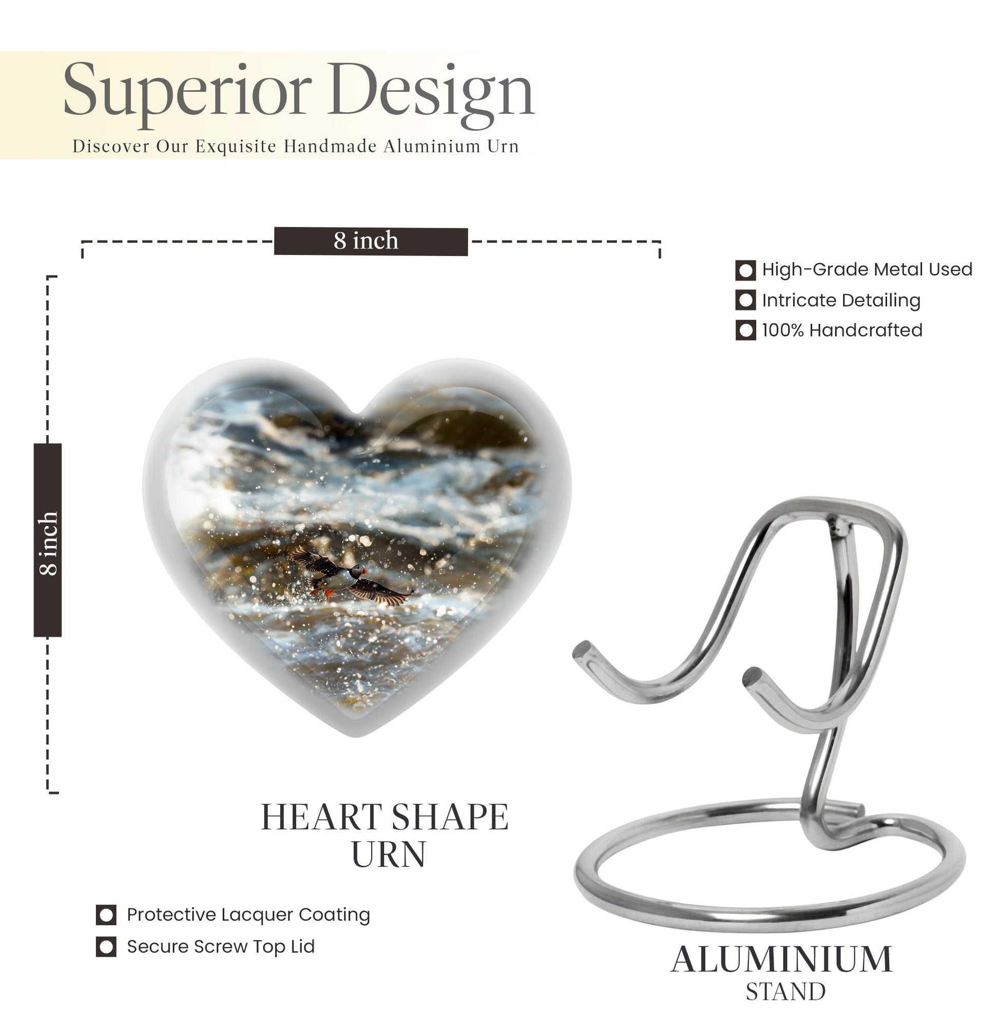 Puffin Bird-themed large heart urn for cremation ashes