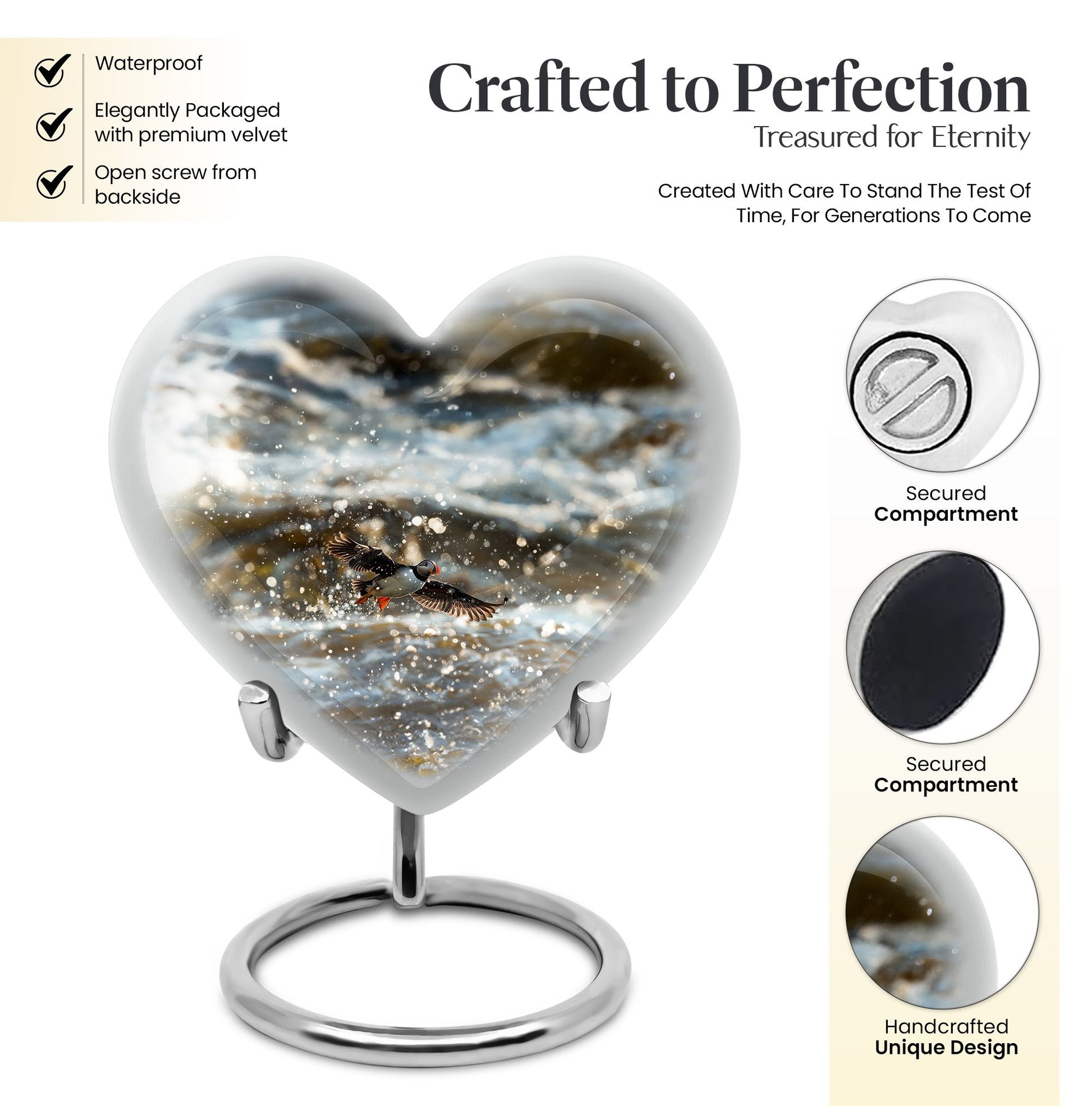 Puffin Bird-themed large heart urn for cremation ashes