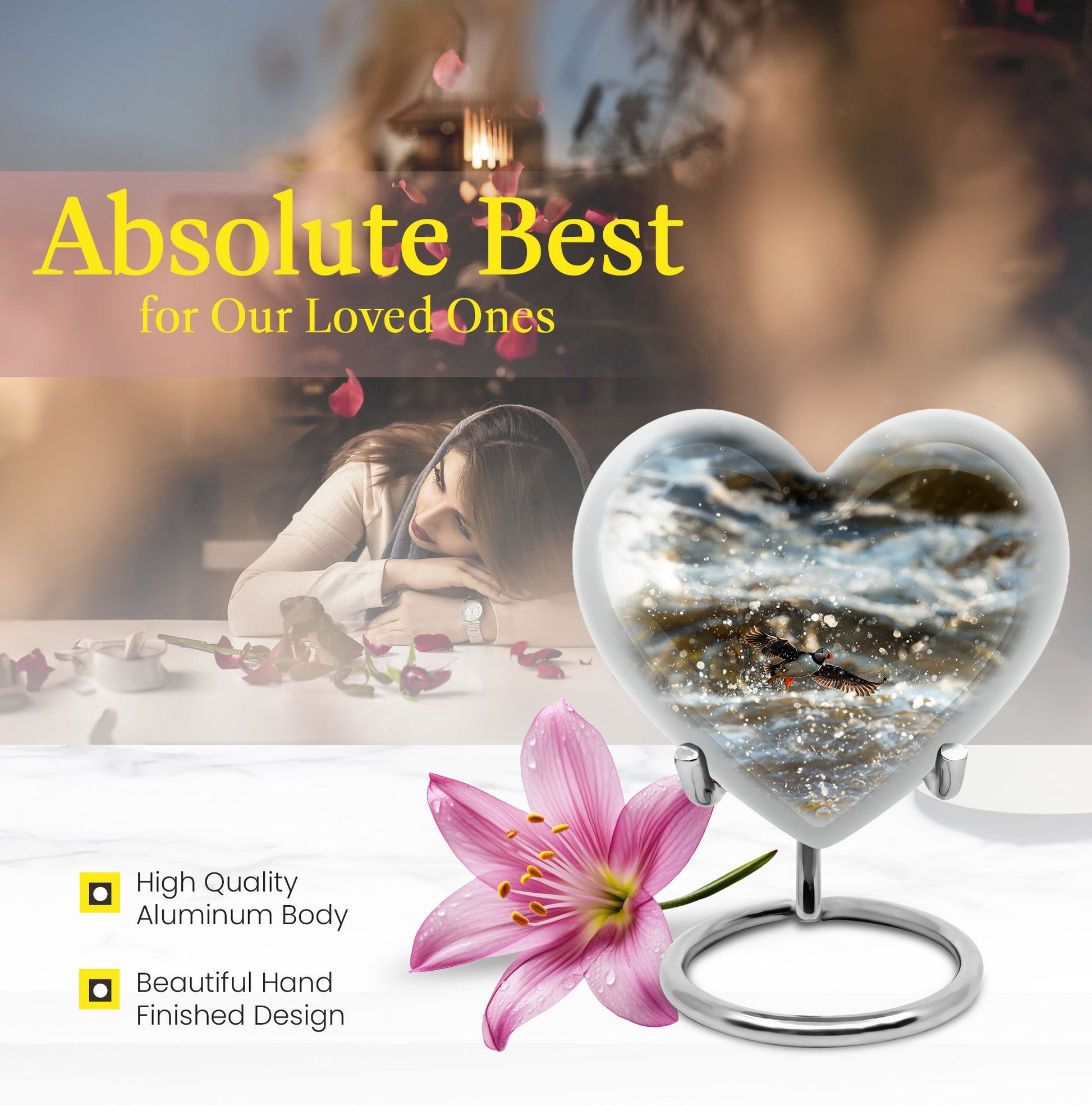 Puffin Bird-themed large heart urn for cremation ashes