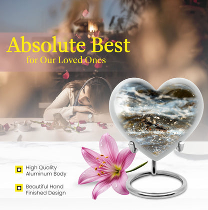 Puffin Bird-themed large heart urn for cremation ashes