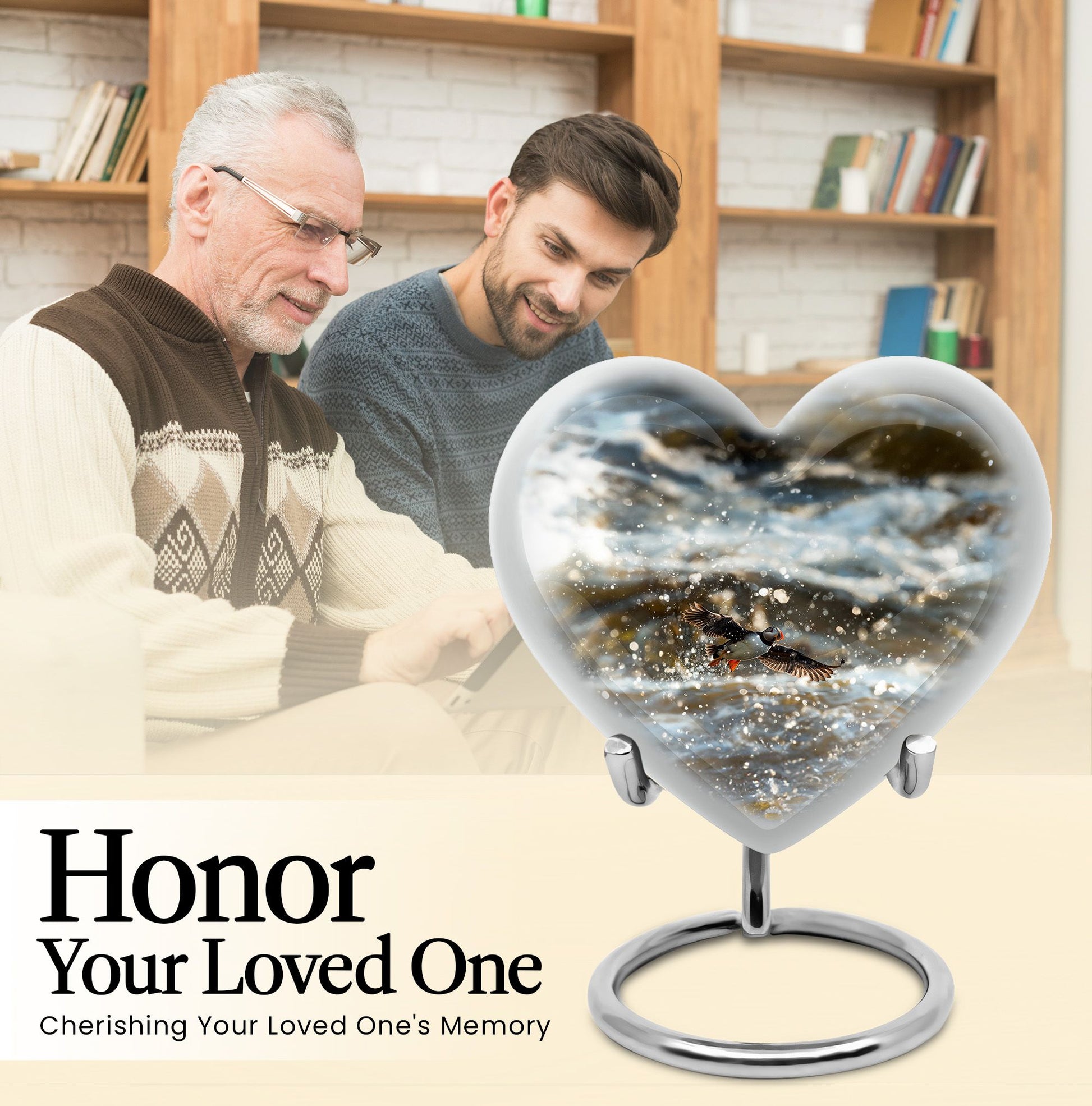 Puffin Bird-themed large heart urn for cremation ashes